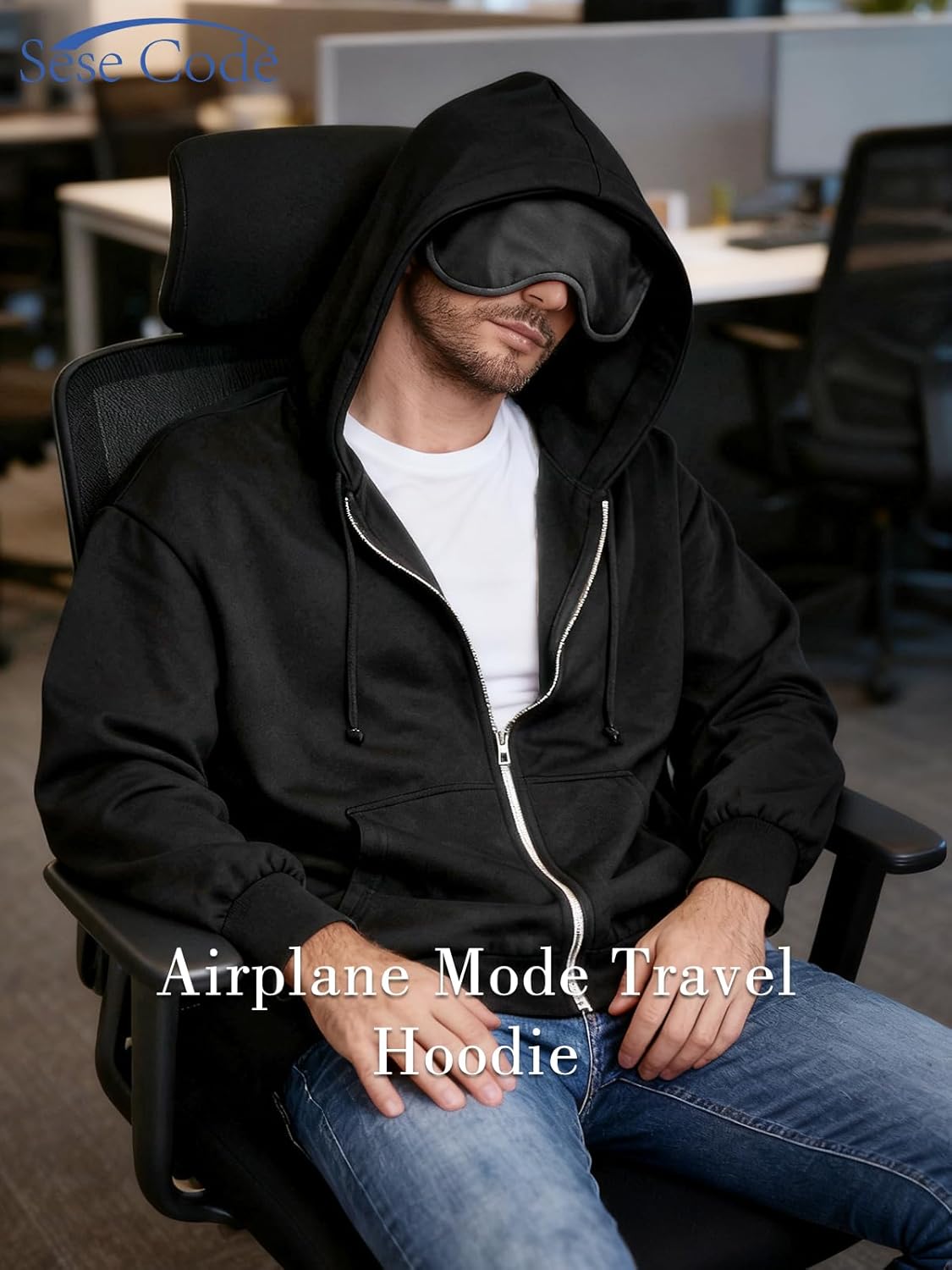 SeSe Code Unisex Zip Up Hoodie With Eye Mask Airplane Mode Travel Hoodies Oversized Sweatshirt Fleece Jacket - Image 3