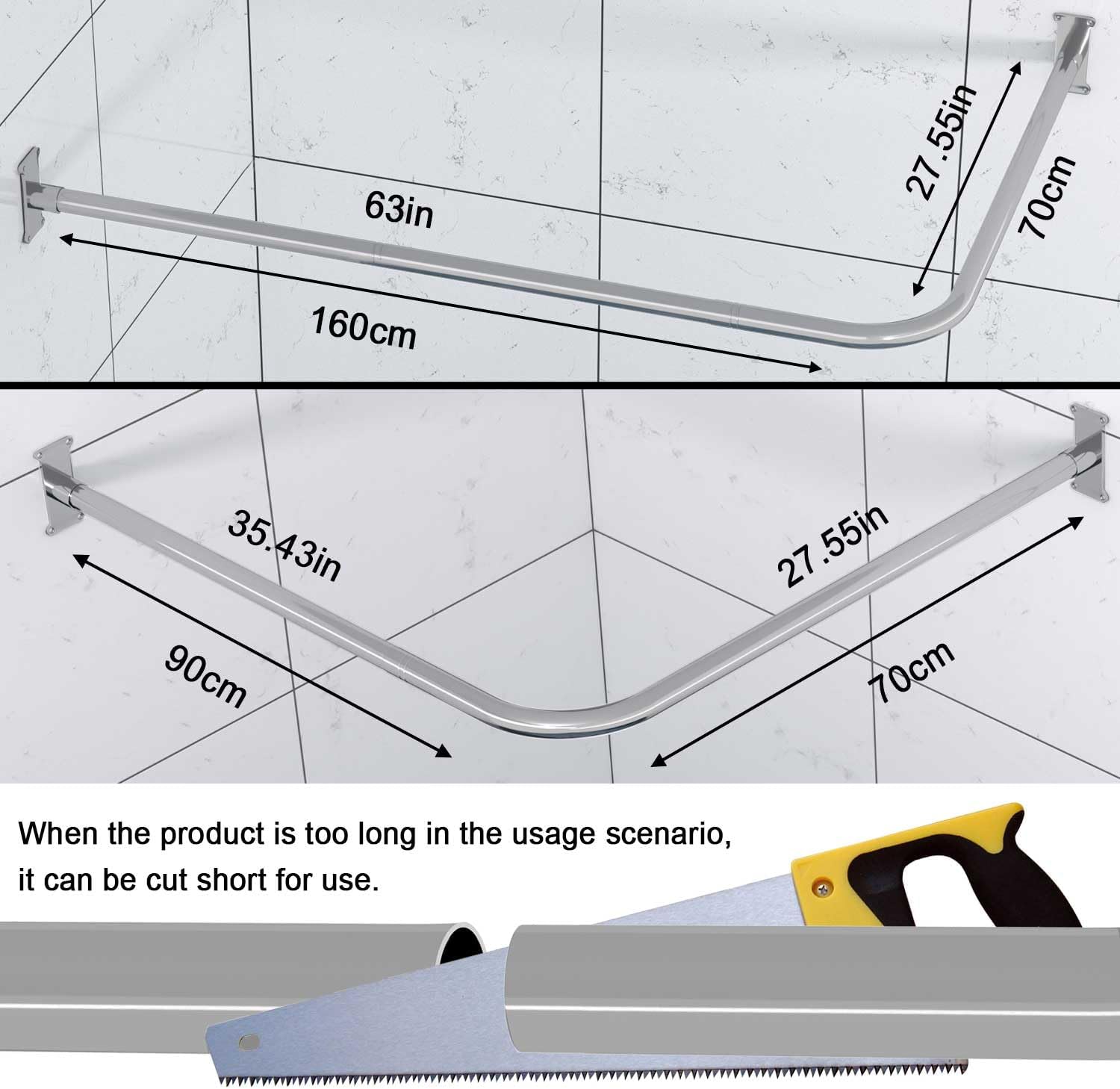 L Shaped Shower Curtain Corner Rod Bathroom Bathtub Corner Shower Curtain Rod for Big Size 27.55"x 63" Silver With 12 Hooks