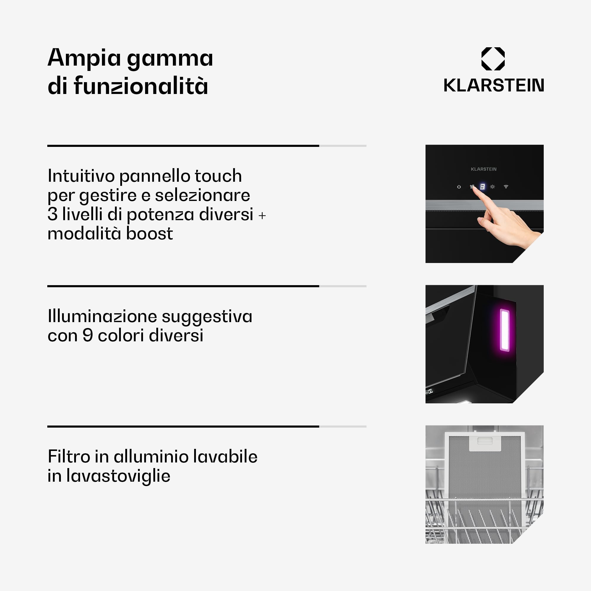 Klarstein BigBite Cappe Inclinate 90cm - Cappa Angolare, 417 m³/h Boost, Touch, LED, A+++, 3 Velocità, Filtro Carbone, Scarico & Ricircolo, Design Vetro, Cappa Cucina Moderna, Nero