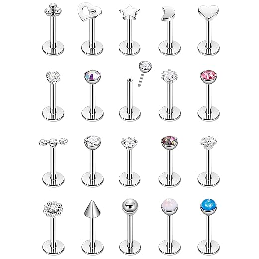 LOREMOW 20Pcs 20G 18G Surgical Steel Threadless Nose Ring Studs for Women Men Push in Nose Studs Flat Back Cartilage Tragus Earrings Helix Labret Piercing Jewelry 18G
