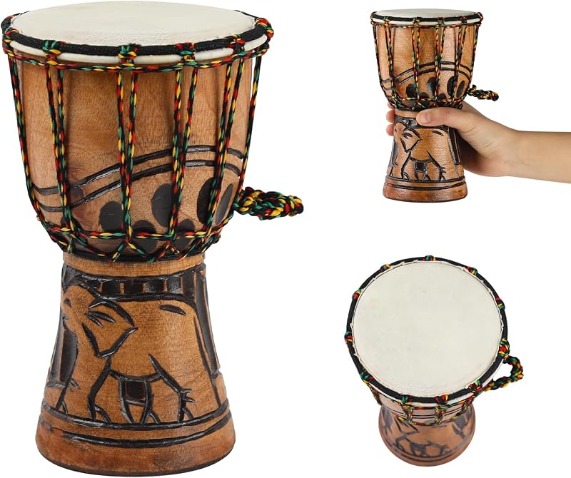 Tambor Djembe de madera tallada profunda, tambores africanos de caoba maciza de 4,5" x 8" con parche de piel de cabra, instrumentos musicales de percusión de tambor de mano profesional de estilo africano occidental para adultos principiantes