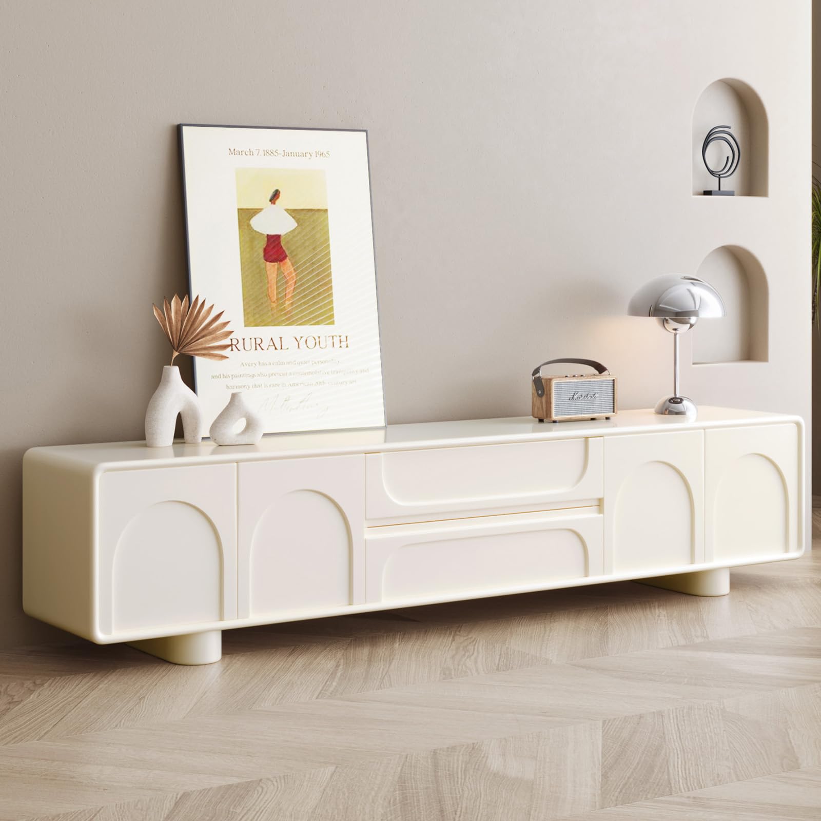 TV Stand for 55 60 65 inch Television, Entertainment Center with Cabinet Doors, Farmhouse TV Stand with Storage,Creamy White TV Console Cabinet for Living Room,Bedroom