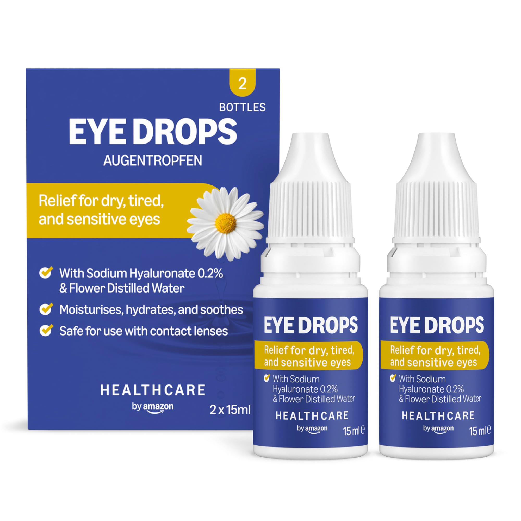Amazon Basic Care Eye Drops with Sodium Hyaluronate 0.2% and Flower Distilled Water, 15 ml, Pack of 2