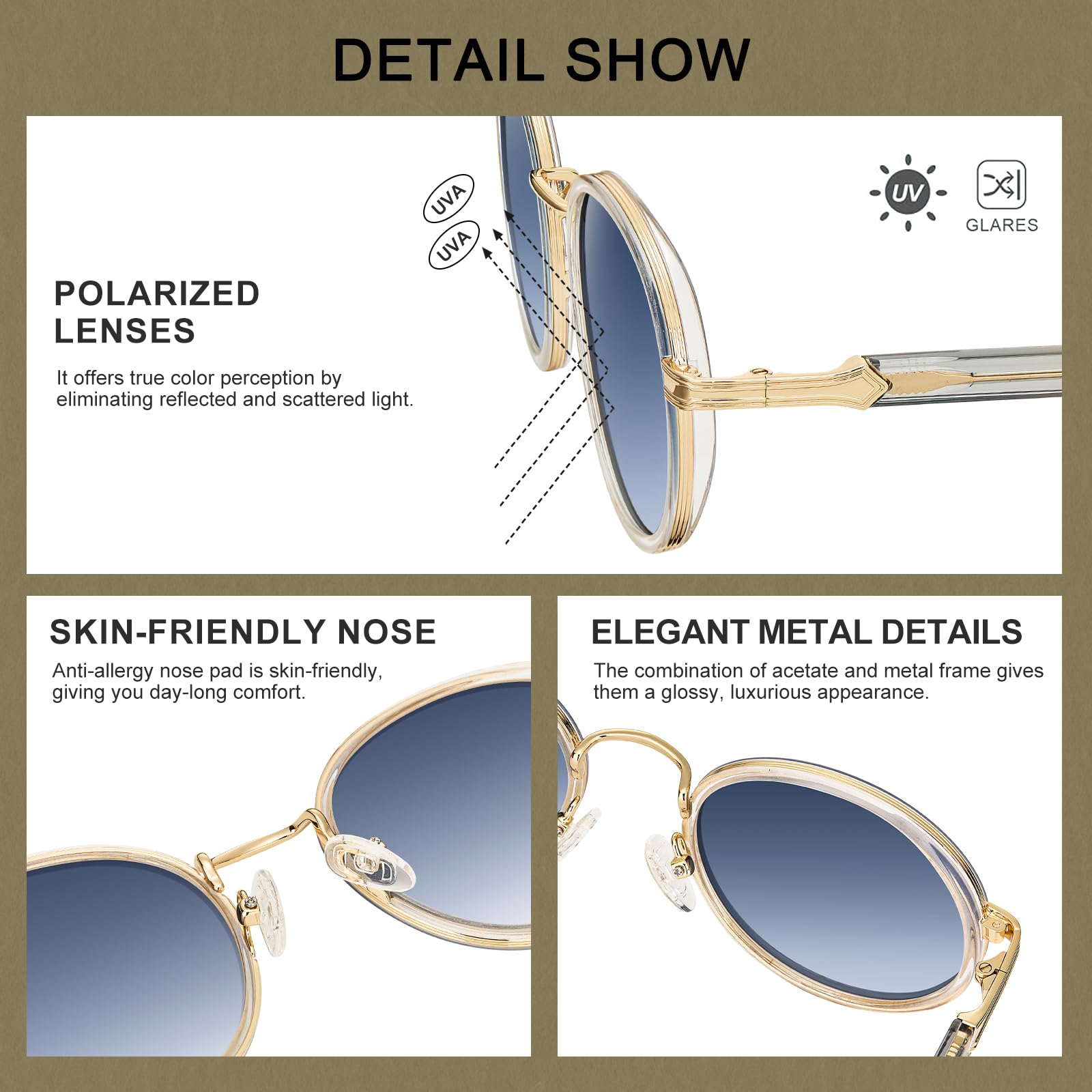 CARFIA Fashion Okulary Przeciwsłoneczne Damskie Okulary Damskie z Polaryzacją Okrągłe Okulary Damskie Metalowa Oprawka