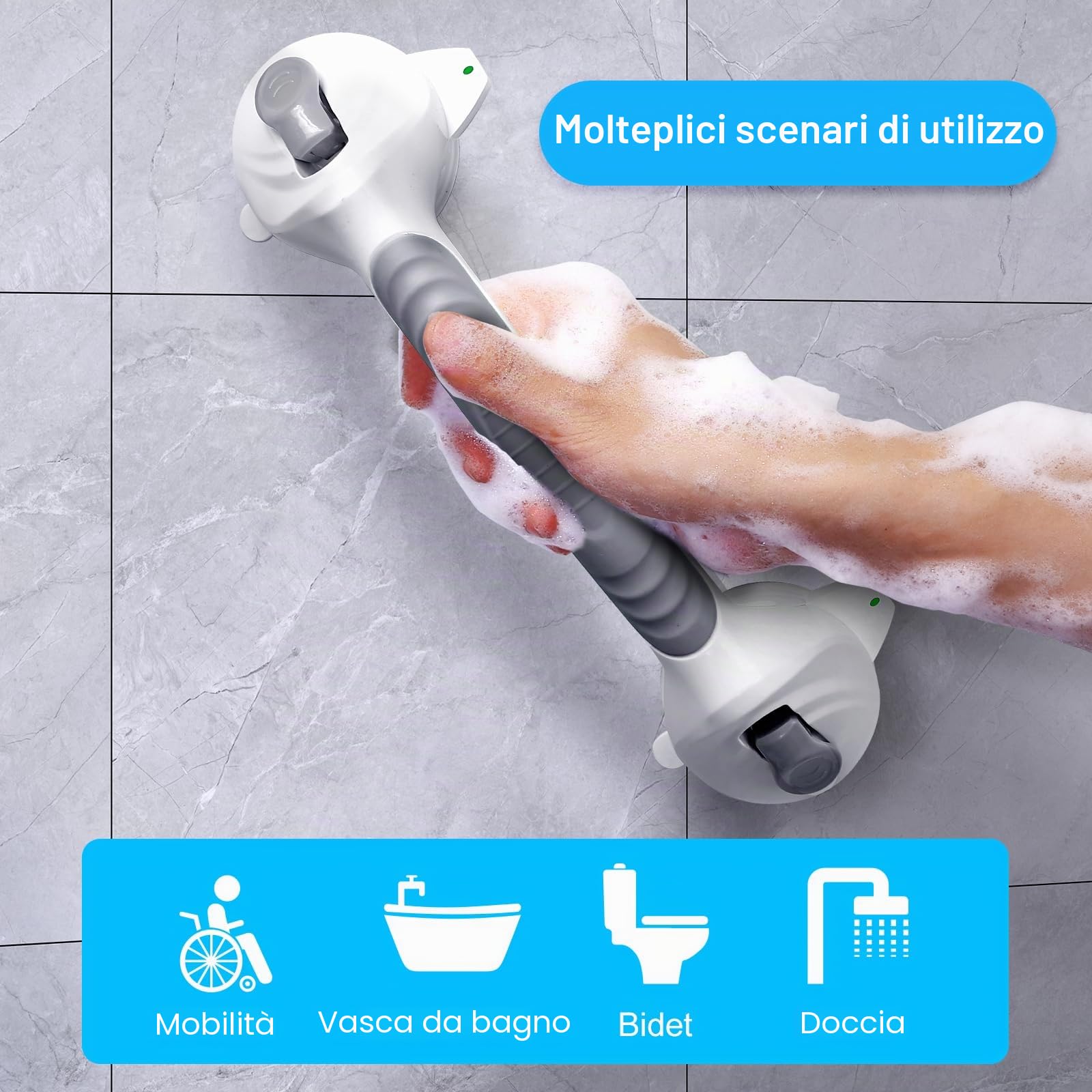 2* maniglie per doccia senza fori, 38 cm, per anziani, con ventosa fino a 110 kg, maniglia per vasca da bagno con allarme di aspirazione, maniglia portatile per doccia scivolo, grigio