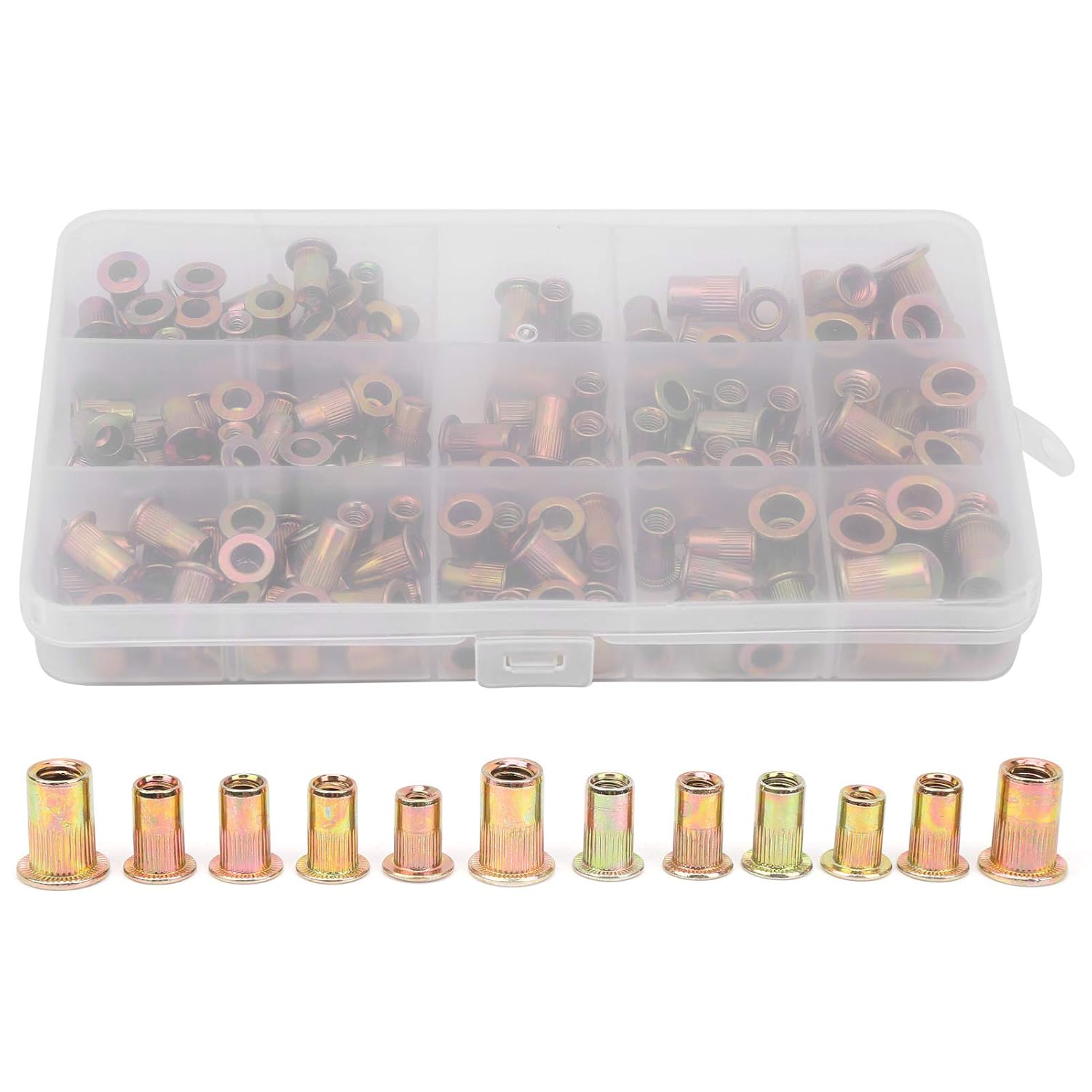 Aladeno Rivet Nut Kit 150Pcs Rivet Nut Galvanized Carbon Steel Hardware Nuts Threaded Rivet Nuts British System Rivnut Threaded Inserts Assortment Set 6‑32 8‑32 10‑24 10‑32 1/4‑20
