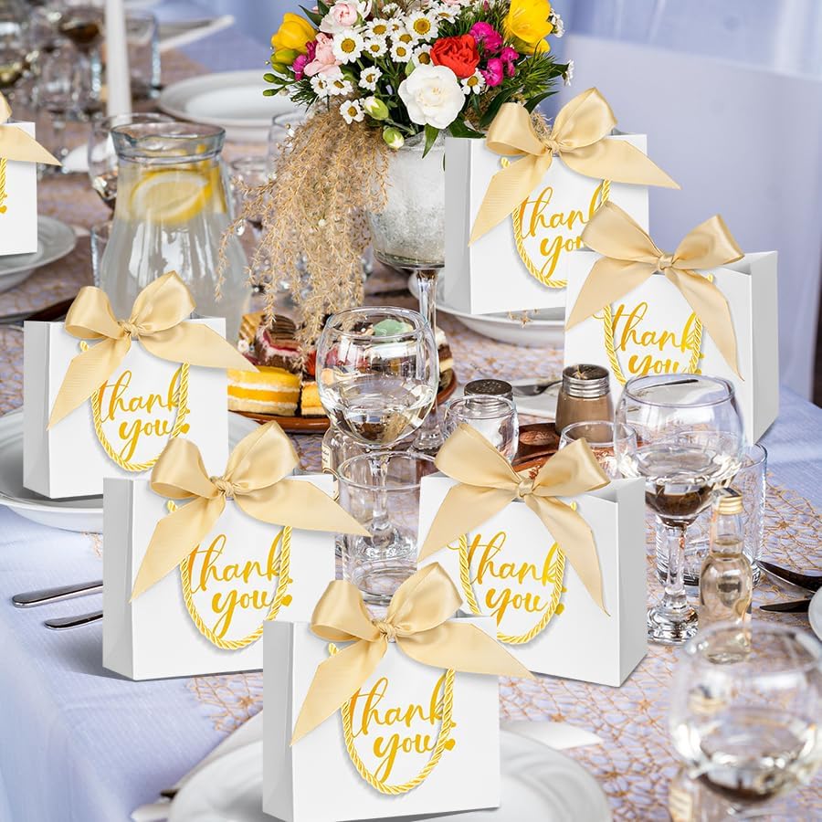 Nimbbex 50Pack Thank You Bags with Handles, 5.5x4.7x2.5 Inches Small Gift Bags with Bow Ribbon, Mini Party Favor Bags for Wedding Baby Shower Birthday (White) - Image 7