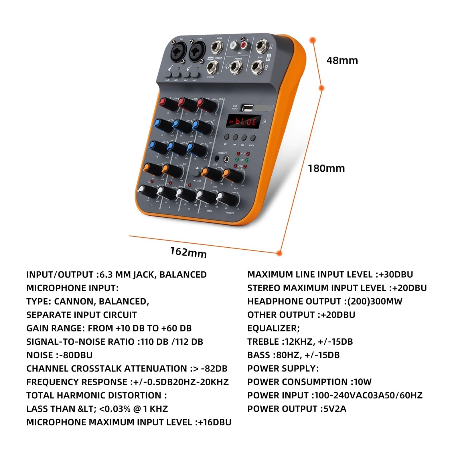 Kontroler DJ-ski, Mikser, 4-kanałowa konsola DJ-ska z kartą dźwiękową Bluetooth USB 48 V do nagrywania na komputerze, mikrofon, transmisja na żywo