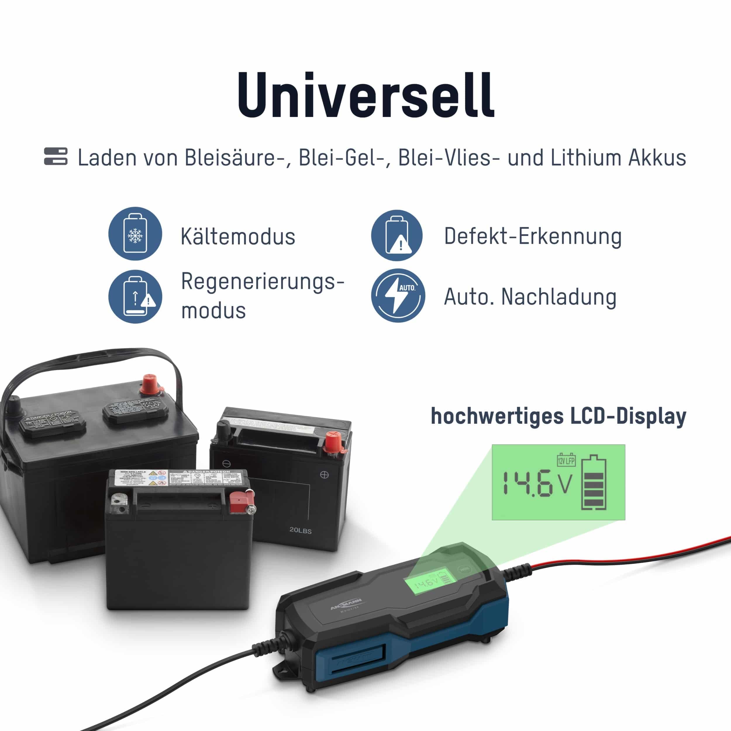 ANSMANN Cargador Inteligente de 10 Pasos 6 V 12 V/6 A con Pantalla LCD para baterías Plomo-Acido, Plomo-Gel y Plomo-Lies, así como baterías de 12 V LiFePo4 para Coche, Moto y Furgoneta
