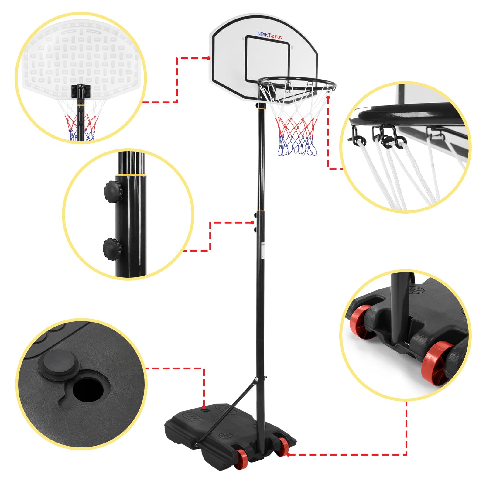 Infantastic® Panier de Basket - Extérieur/Intérieur, Hauteur Réglable 148-200 cm, Portable, avec Ballon et Pompe à l'Air, Rouge ou Noir - Panneau de Basket sur Pied, pour Enfant