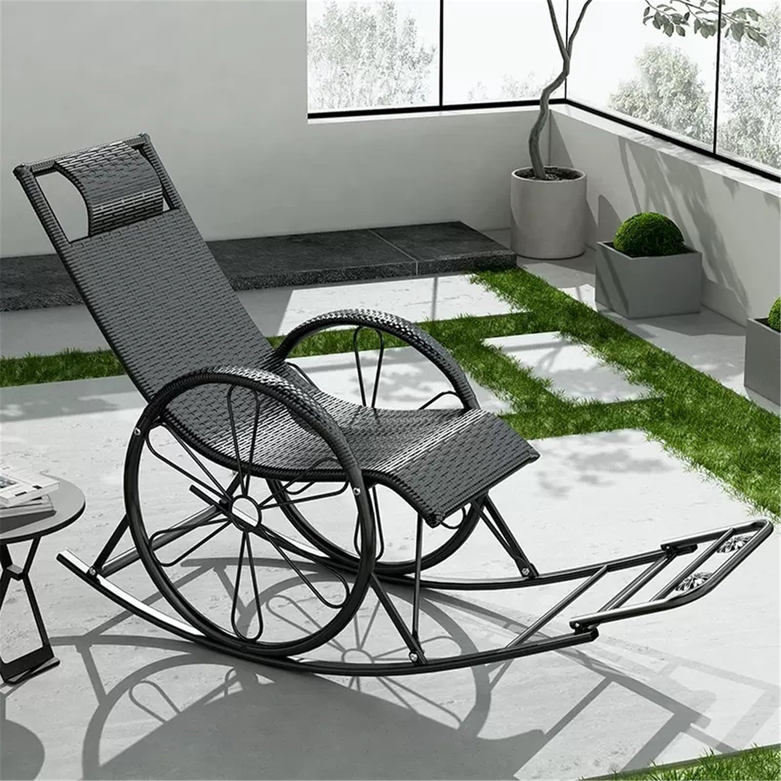 Chaise bascule rotin PE fauteuil relax extérieur gravité zéro noir pour terrasse et patio