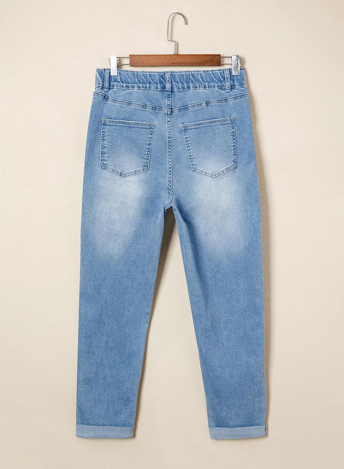 BLENCOT Women Maternity Jeans Elastic Waist Skinny Cuffed Ripped Pregnancy Cropped Pants
