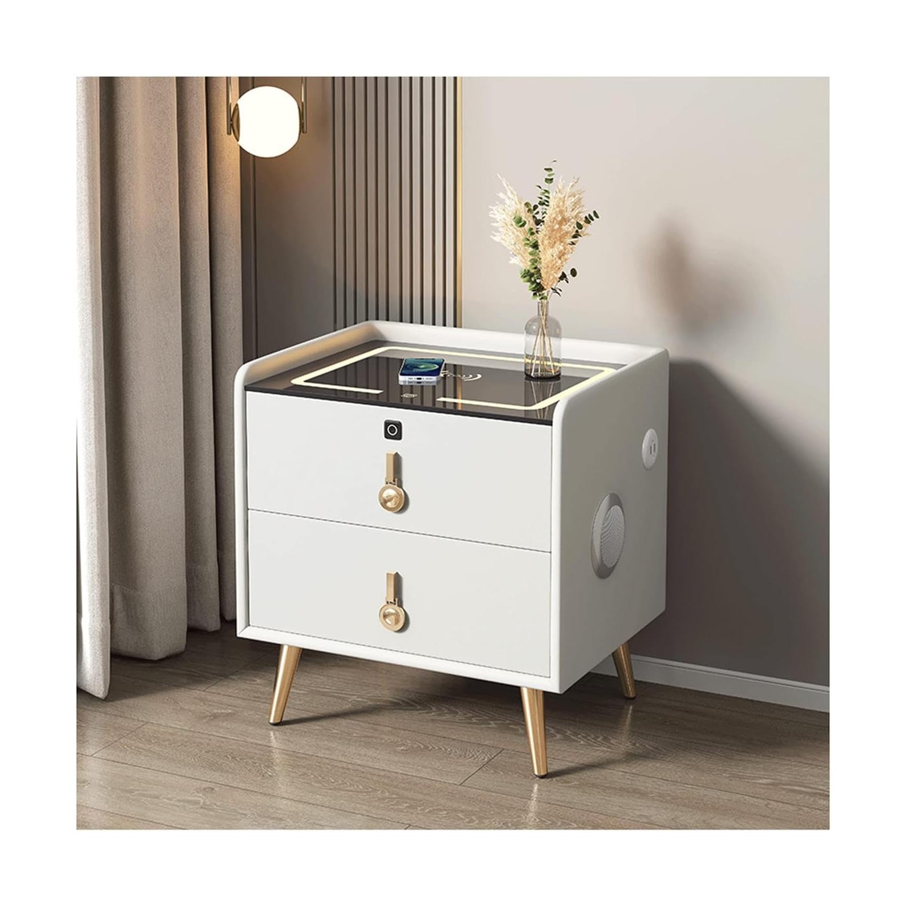 BHGFYXBS Simple Nightstand Smart Nightstand Wood End Table Fingerprint Lock Wireless Charging Bluetooth Audio Bedside Dresse 2 Drawers,50 * 40 * 52Cm