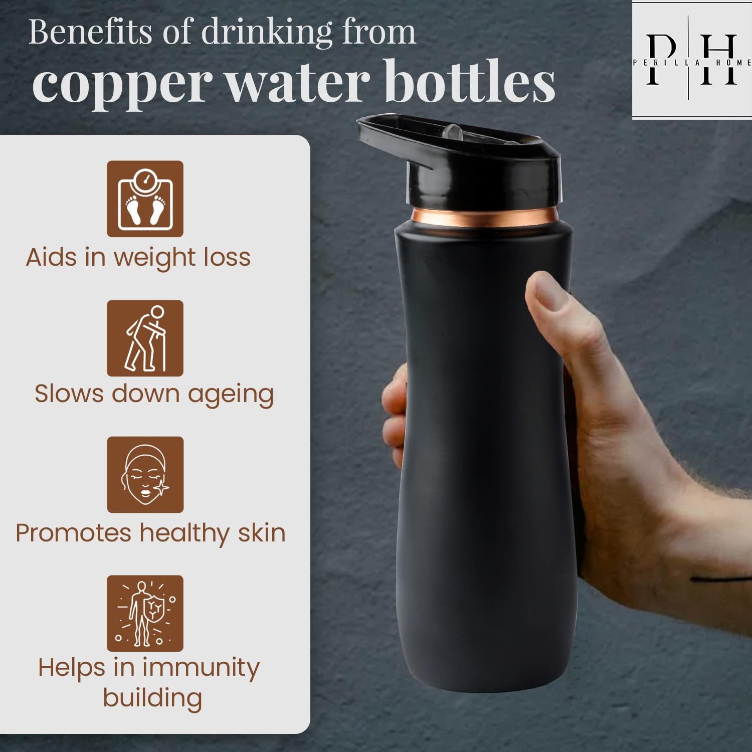 Perilla Home 100% Pure Copper Bottle For Drinking - With Sipper & Lid 25.37 Oz - Ayurvedic Water Bottle Multipurpose Bottle for Gym, Travelling, Outdoors, Indoors Leak Proof (Black) - Image 3