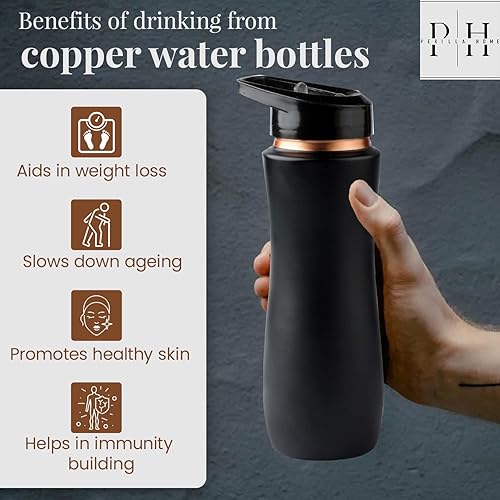 Miniatura 3 de Perilla Home Botella de cobre 100% puro para beber, con sorbo y tapa, 25.37 onzas, botella de agua ayurvédica multiusos para gimnasio, viajes,