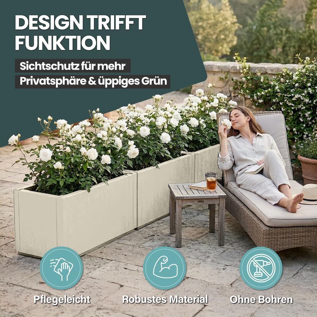 Kreher® XL Pflanzkasten Blumenkasten im Struktur-Design aus Kunststoff Maße BxTxH in cm: 80 x 36 x 36 cm. (Beige)