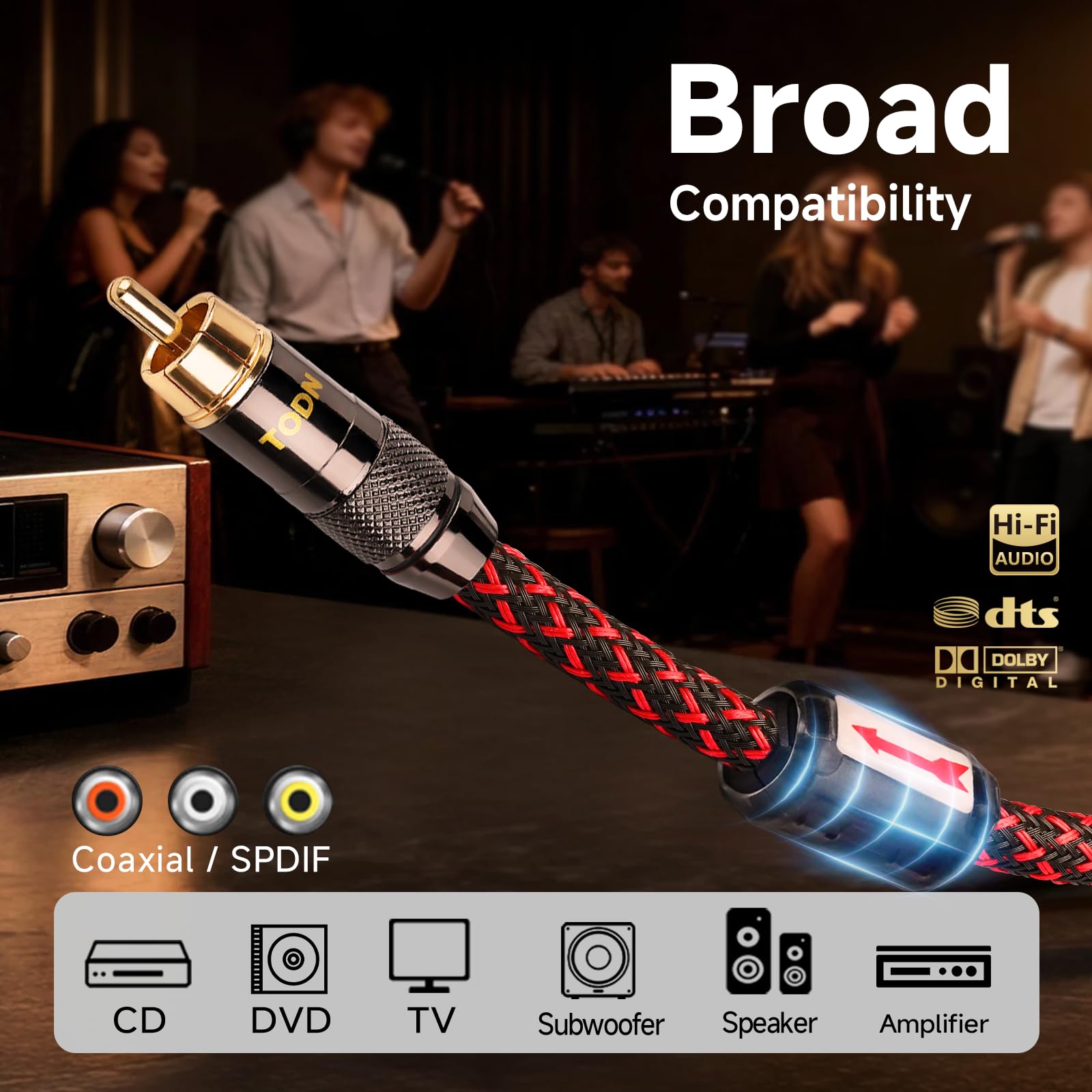 TODN Cyfrowy koncentryczny kabel audio HiFi do audiofilów 75 omów SPDIF Coax z rdzeniem OFC, podwójnie ekranowany, wtyczka pozłacana 24-karatowym złotem (1 m)
