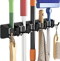 Lifewit Mop Broom Holder Wall Mount - Anti-Slip 5 Slots 6 Hooks Organizer for Garage Kitchen Closet, Holds 30lbs Easy Install Black