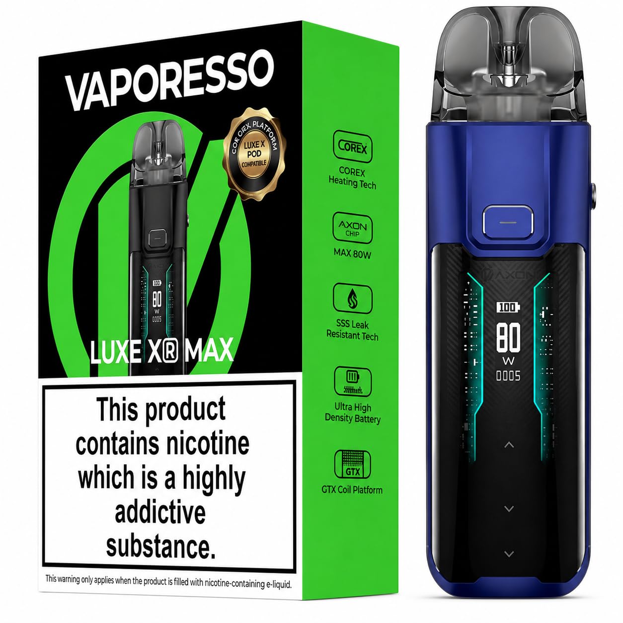 VAPORESSO LUXE XR MAX Vape Kit [Blue] - Rechargeable Big 2800mAh Battery, 80W Output, GTX Mesh Coils, DTL/MTL Vaping, Refillable, E Cigarettes, Starter Kit, No Nicotine No Liquid