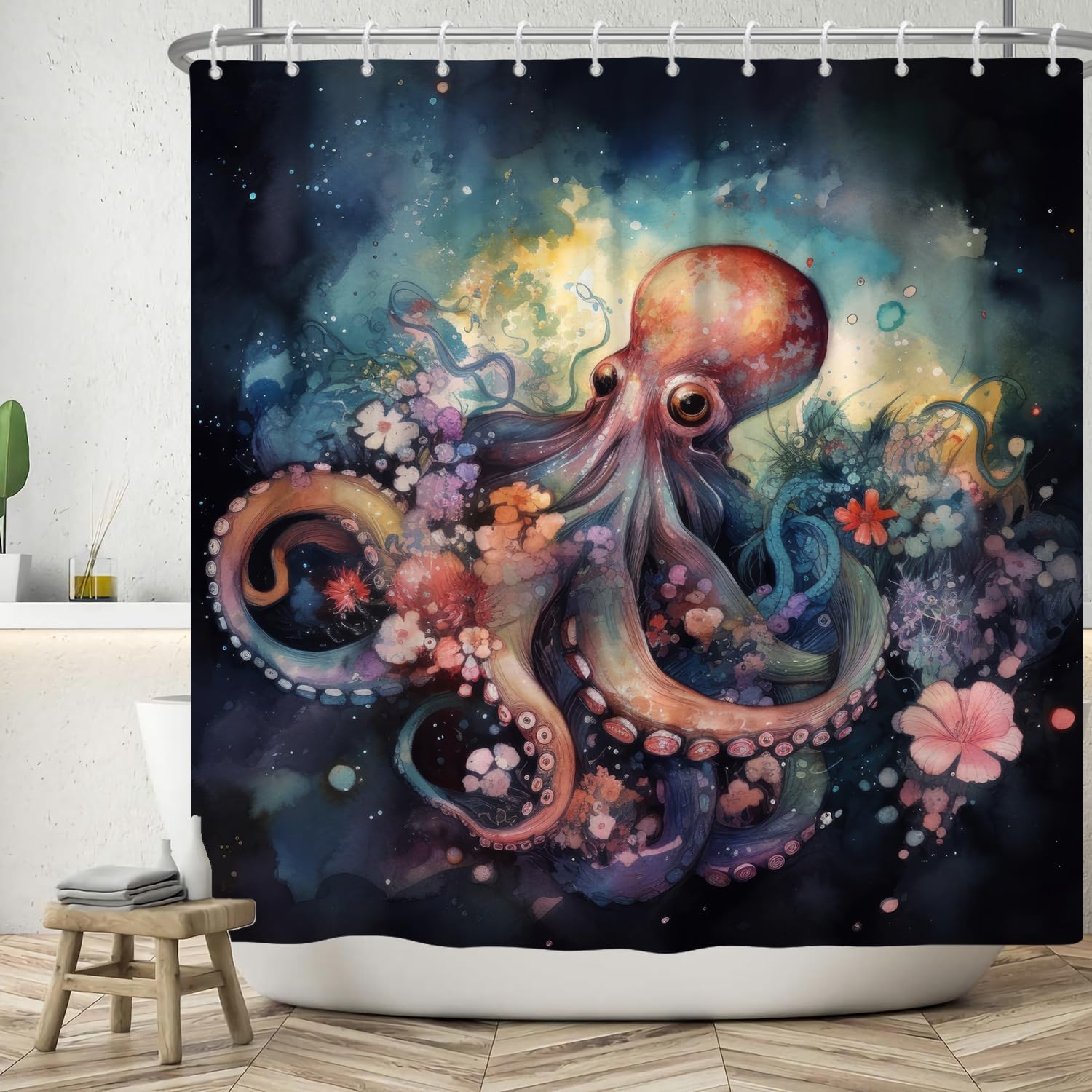ASDCXZ Octopus Shower Curtain 150x180 cm, Art Watercolor Cute Octopus Rose Colorful Flowers Bath Washable Shower Curtains Polyester Textile Waterproof Bath Curtain for Bathtub with 10 Hooks
