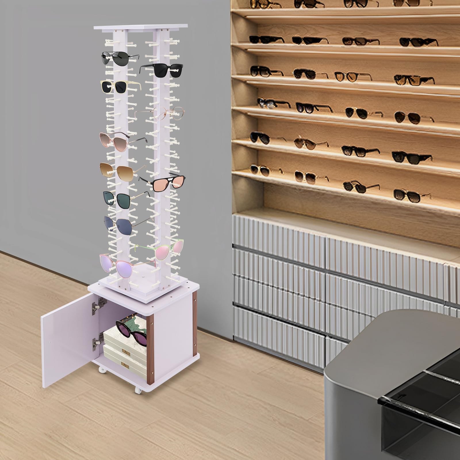 Soporte de exhibición para gafas, estante giratorio para 72 pares de gafas con caja inferior y 4 ruedas, organizador independiente para colección de gafas de sol y gafas