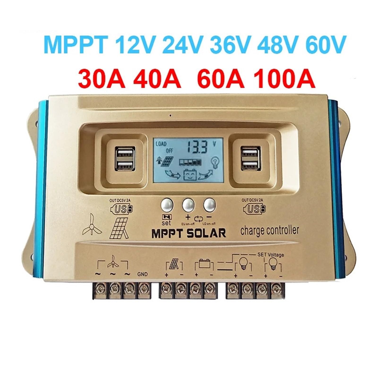 Regolatore di Carica Pannello Solare, Regolatore di Carbone Ibrido Solare Eolico 40A 60A 100A Dual USB Char Regolatore di Ibrido Eolico-Solare Regolatore di Carbone MPPT(100A)