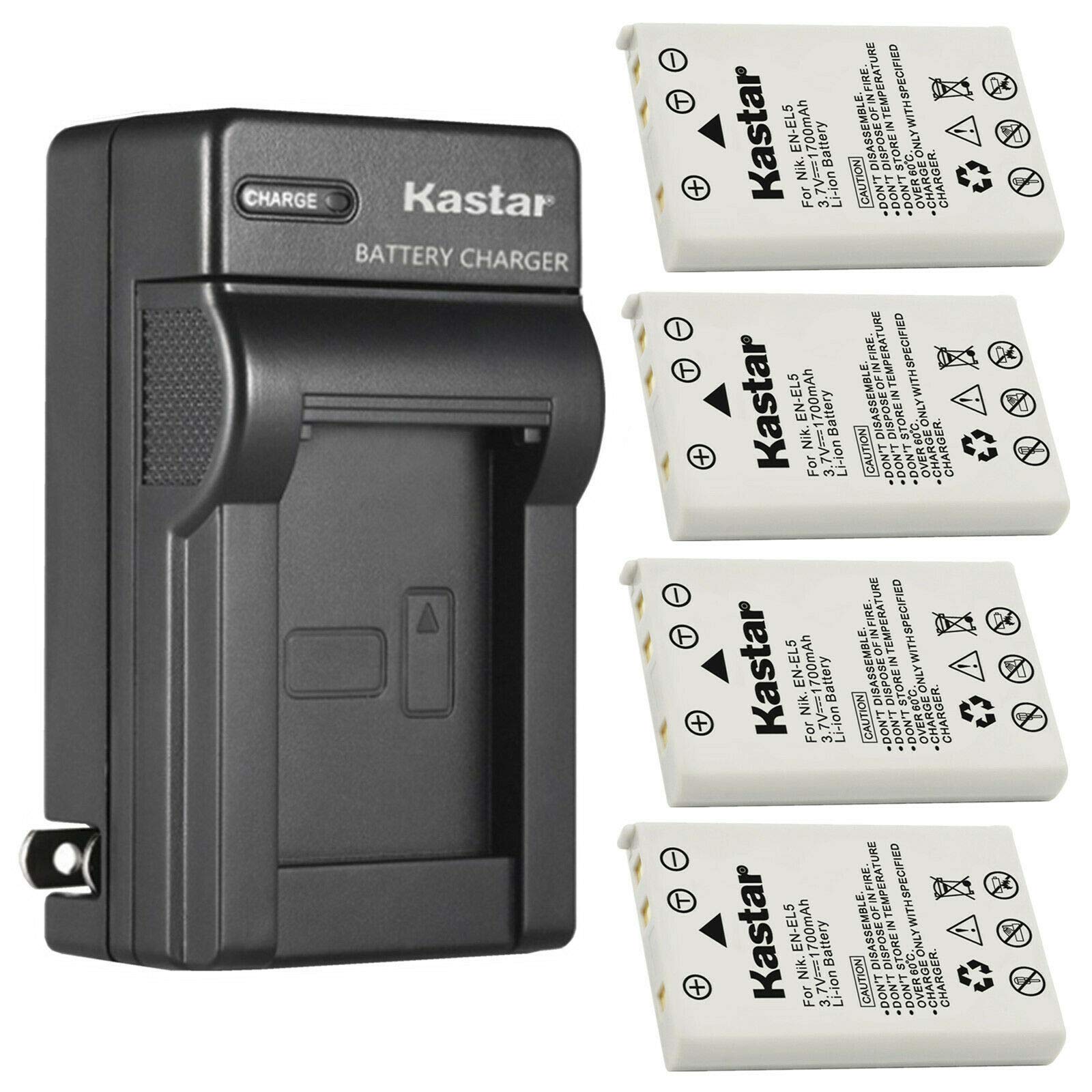 Kastar 4-Pack Battery & AC Wall Charger Replacement for Nikon EN-EL5 CP1, MH-61, Coolpix P80, P90, P100, P500, P510, P520 Cameras - 4.2V DC, 600mA
