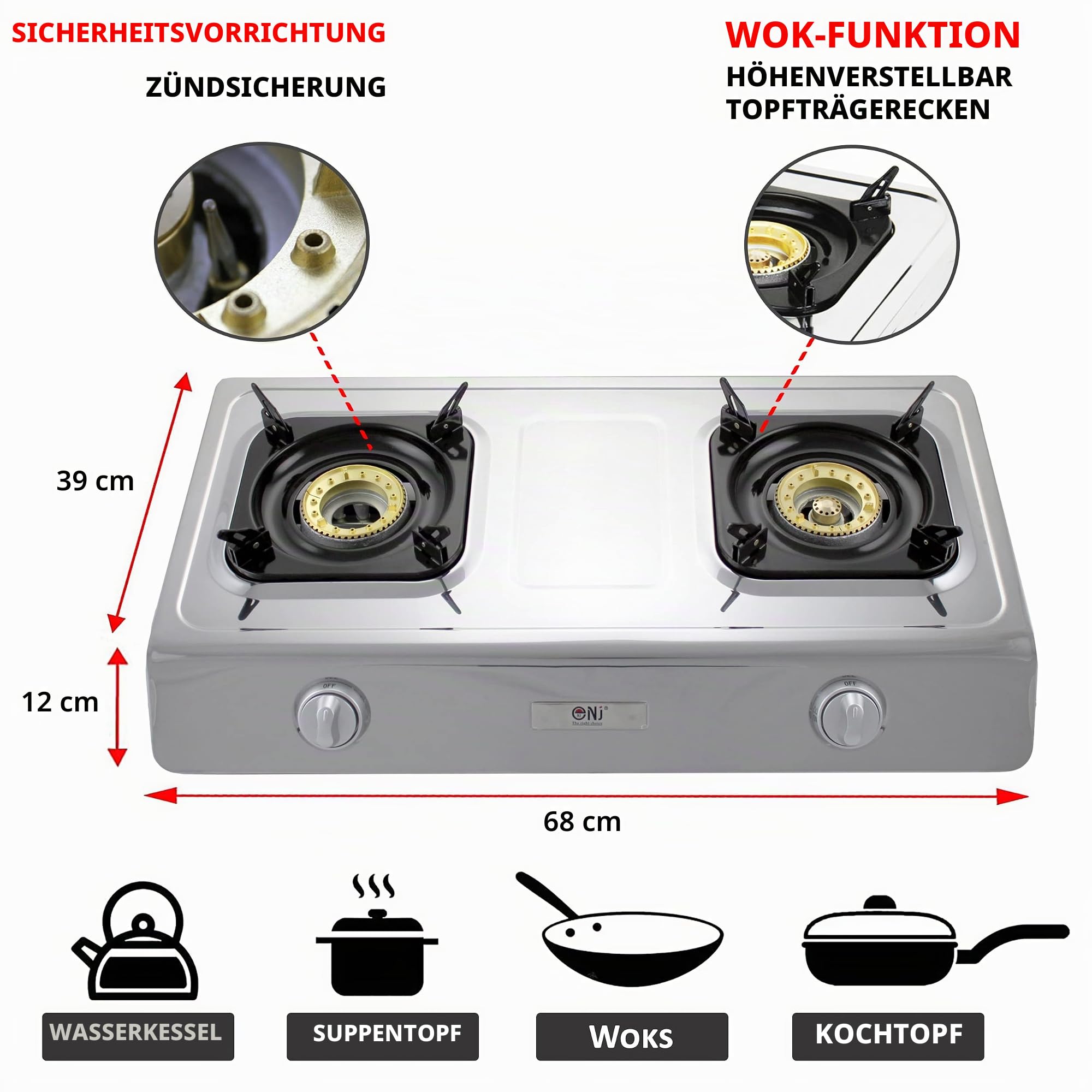 NSD-2 Hochwertiger Edelstahl Gaskocher 2 flammig 9,0 KW LPG Campingkocher WOK Hockerkocher mit Zündsicherung inkl. Gasschlauch-Regler Set