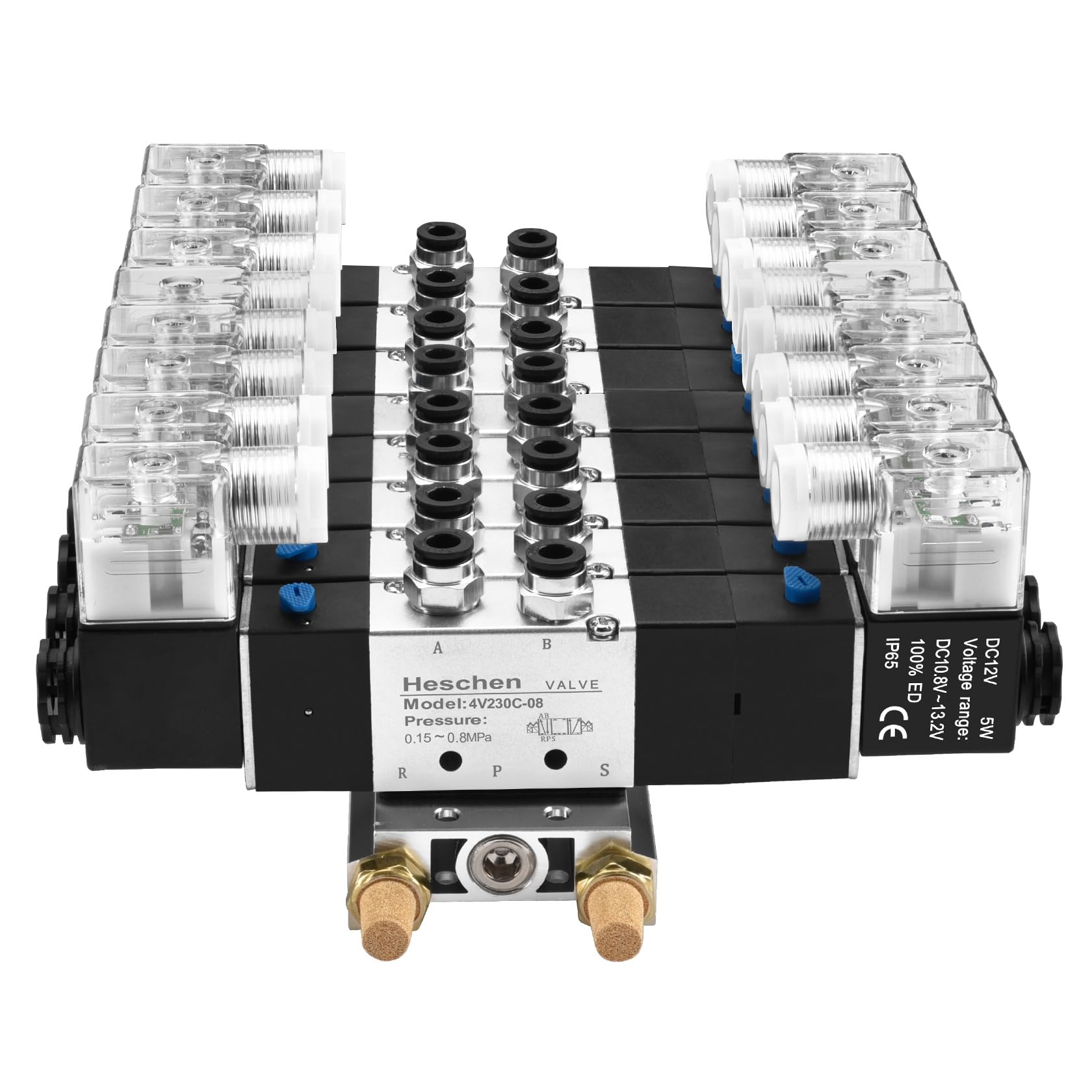 Heschen Electroválvula neumática eléctrica 8, 4V230C-08, 12VDC, PT1/4, 5 vías 3 posición, base del colector, silenciador, conjunto de accesorios rápidos, CE