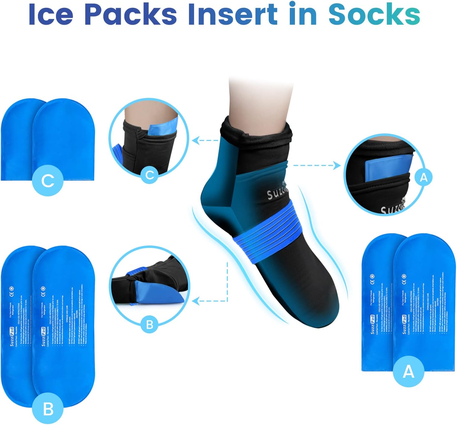 SuzziPad Replacement Ice Gel Packs for SuzziPad Cold Therapy Gloves and Socks(10-Piece Set), S/M