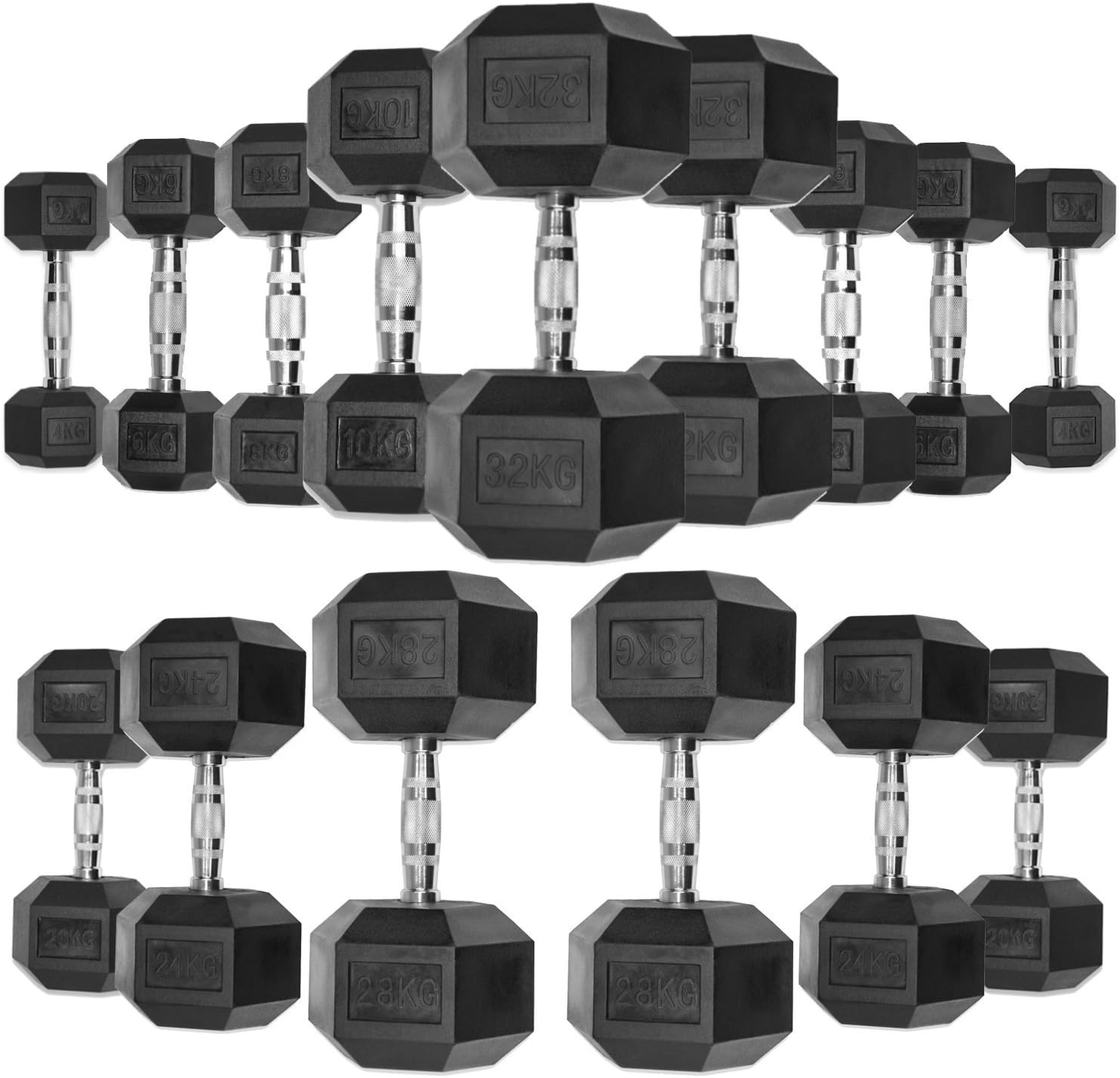 JLL® Hex Dumbbell 4-32 KG Pair, Heavy Duty Rubber Commercial Dumbbell, Weight Sets for Weight Training, Knurled Chrome Handle, Black Colour