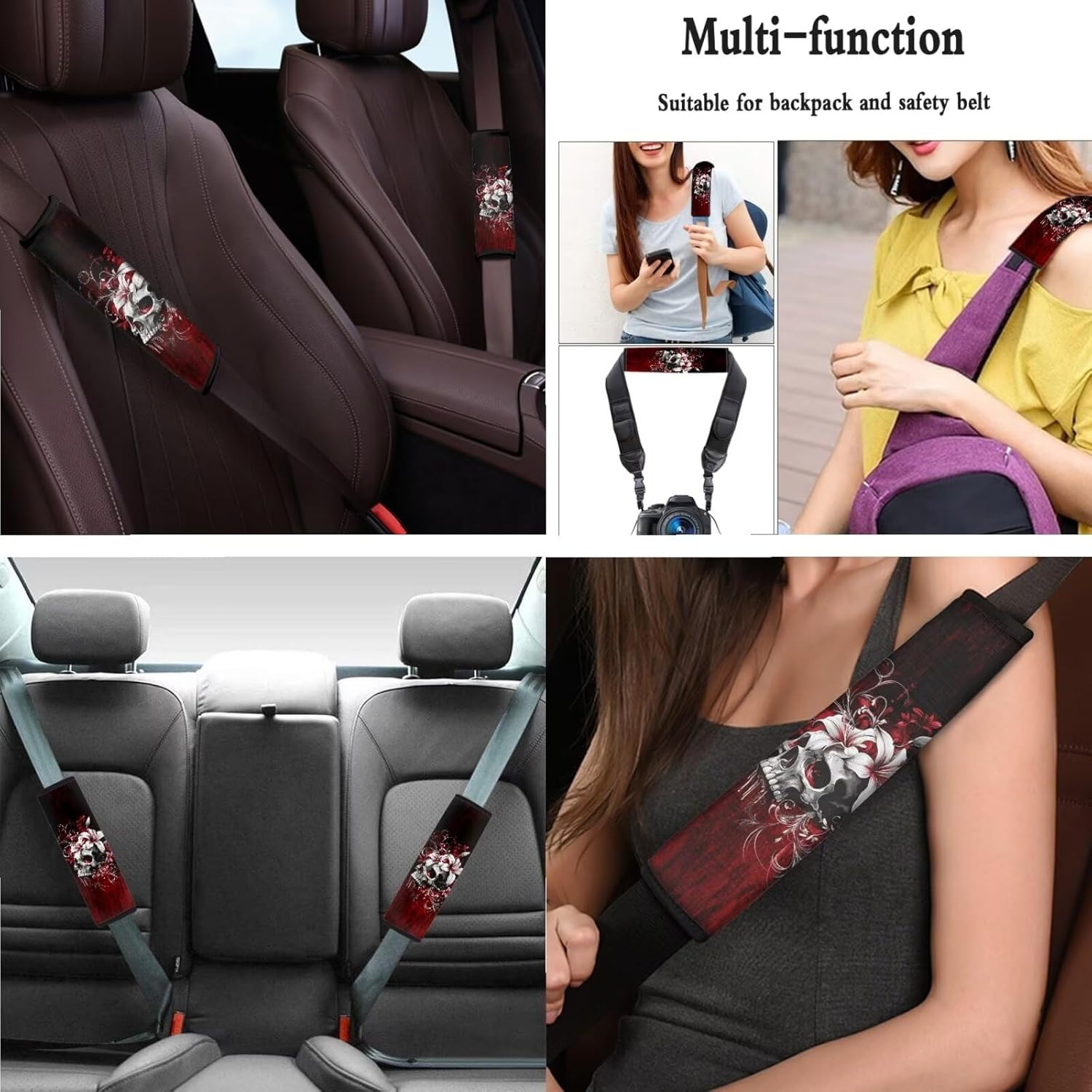 Skull Lily Printed 15 Pcs Car Seat Cover Full Set, Protective Car Accessory Set Front Rear Seat Covers Steering Wheel Cover Seat Belt Covers Car Headrest Cover Car Coaster