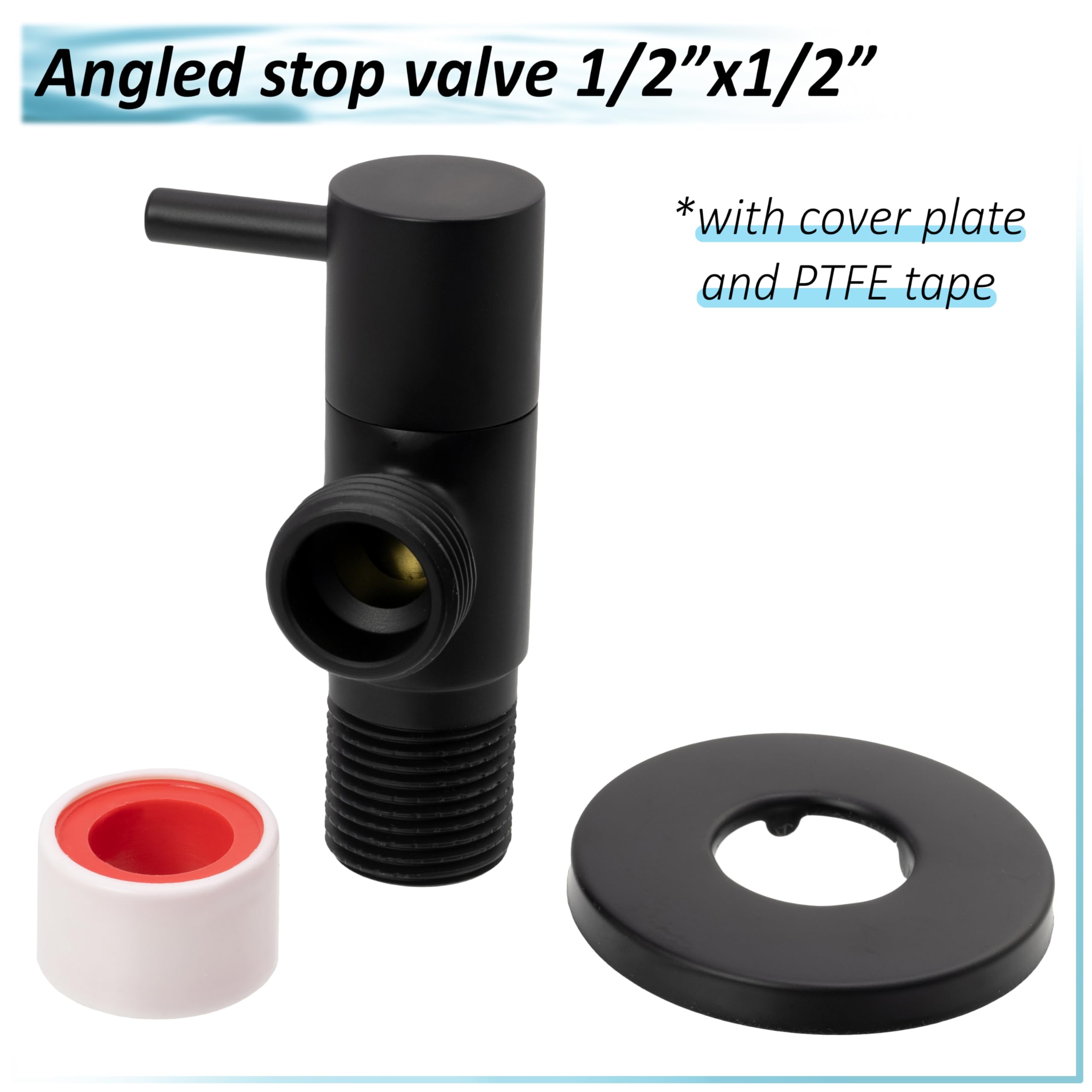 AERZETIX - Válvula de Parada en Ángulo 1/2"x1/2" con Roseta y Junta PTFE - Latón con Acabado Ennegrecido - Grifo de Agua Potable Sanitario para Lavabo Baño Cocina