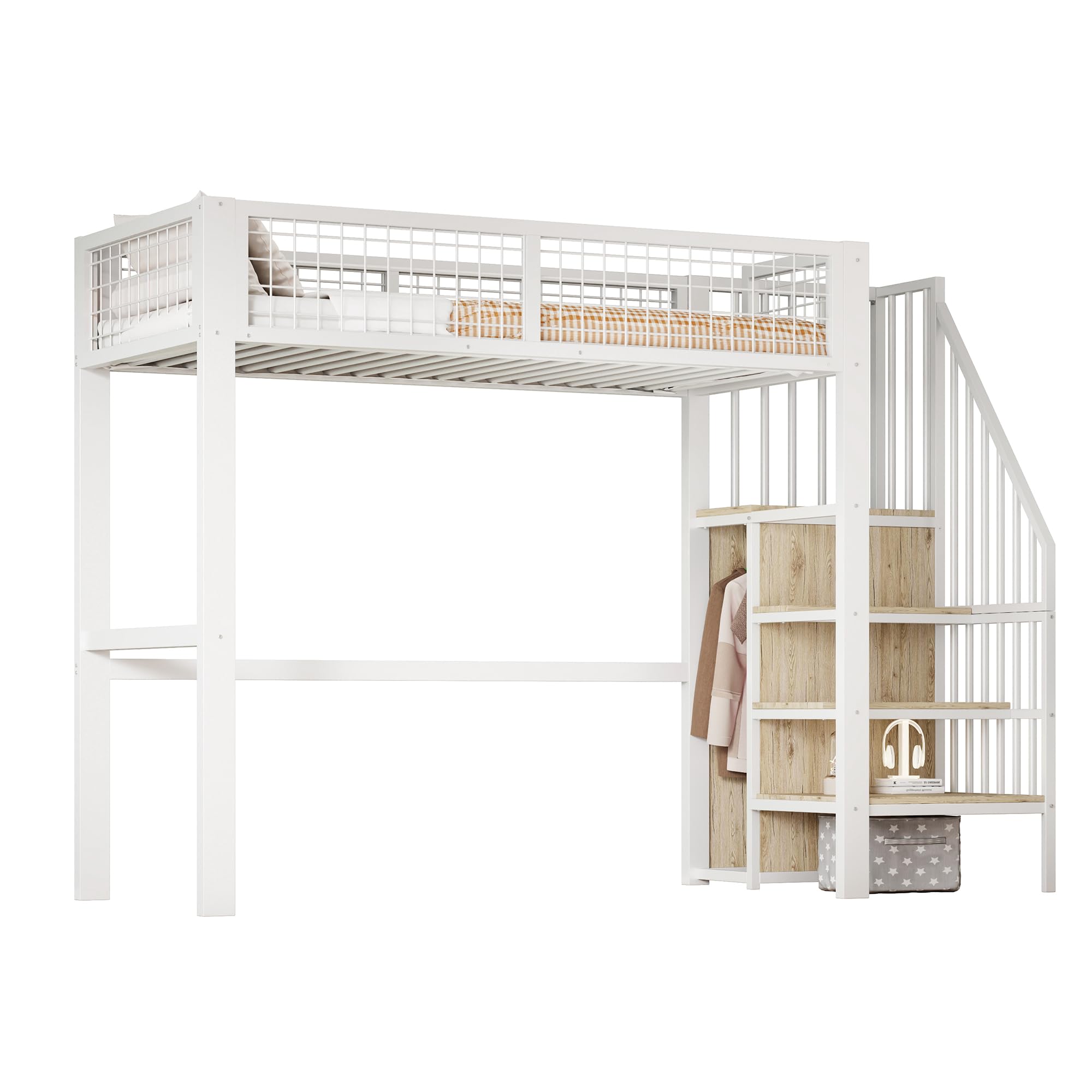 Hochbett 90x200 cm mit Schrank und Stauraum, Metallbett mit Treppe, Ablageflächen und integriertem Regal, Etagenbett für Kinder, Jugendliche und Erwachsene, Weiß