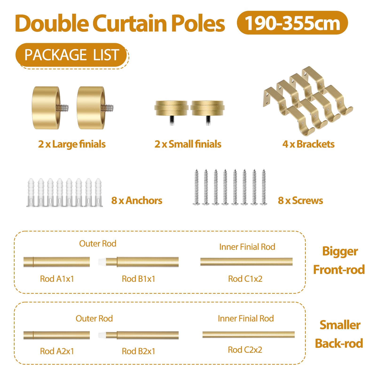 KAMANINA Double Tringle a Rideaux Doré, Tringle Rideau Extensible 190-355cm | Barre Rideau Extensible, Montage Mural, Métal, 25 mm Diamètre, Charge 15 KG, avec Embouts, pour Exterieur, Chambre, Salon