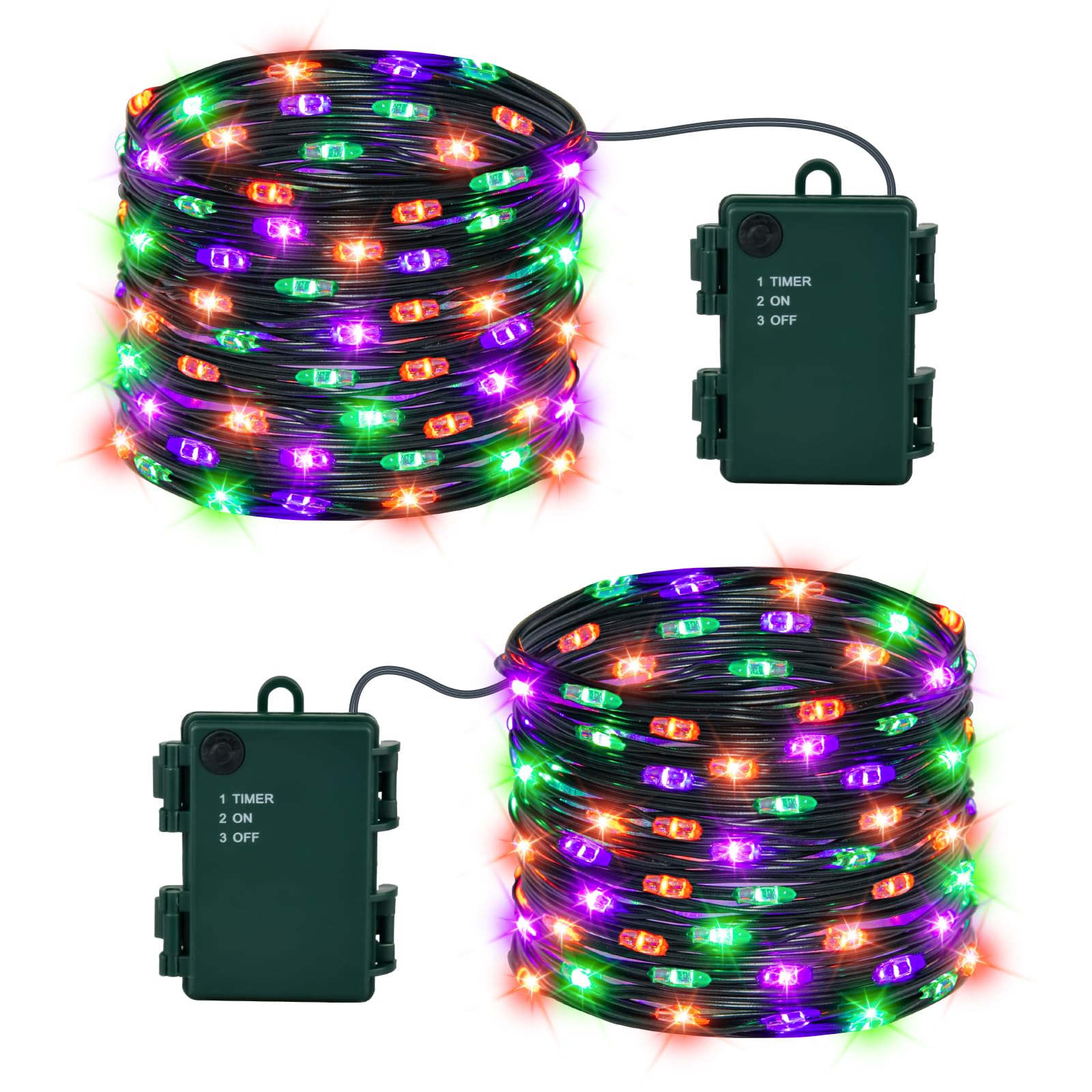 Isisyu 2 Stück Halloween Lichterkette Orange Lila Grün, 5M 50 LED Micro Lichterkette Batteriebetrieben mit Timer, IP65 Wasserdicht Halloween Deko Outdoor für Kamin, Veranda, Baum, Zimmer, Garten