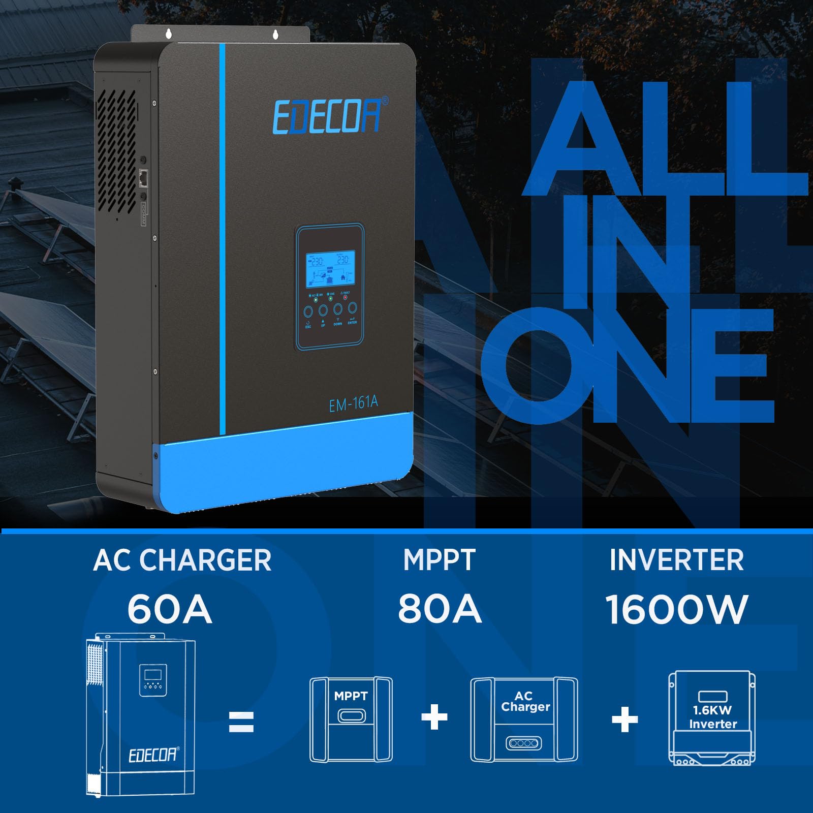 EDECOA 1600w Inversor Hibrido 12v a 220v 230v 2.2KVA/1600W Cargador Solar MPPT 80A Onda Pura (Off-Grid) con Cargador de Batería, prioridad de Red, Controlador de Carga Solar Version 2