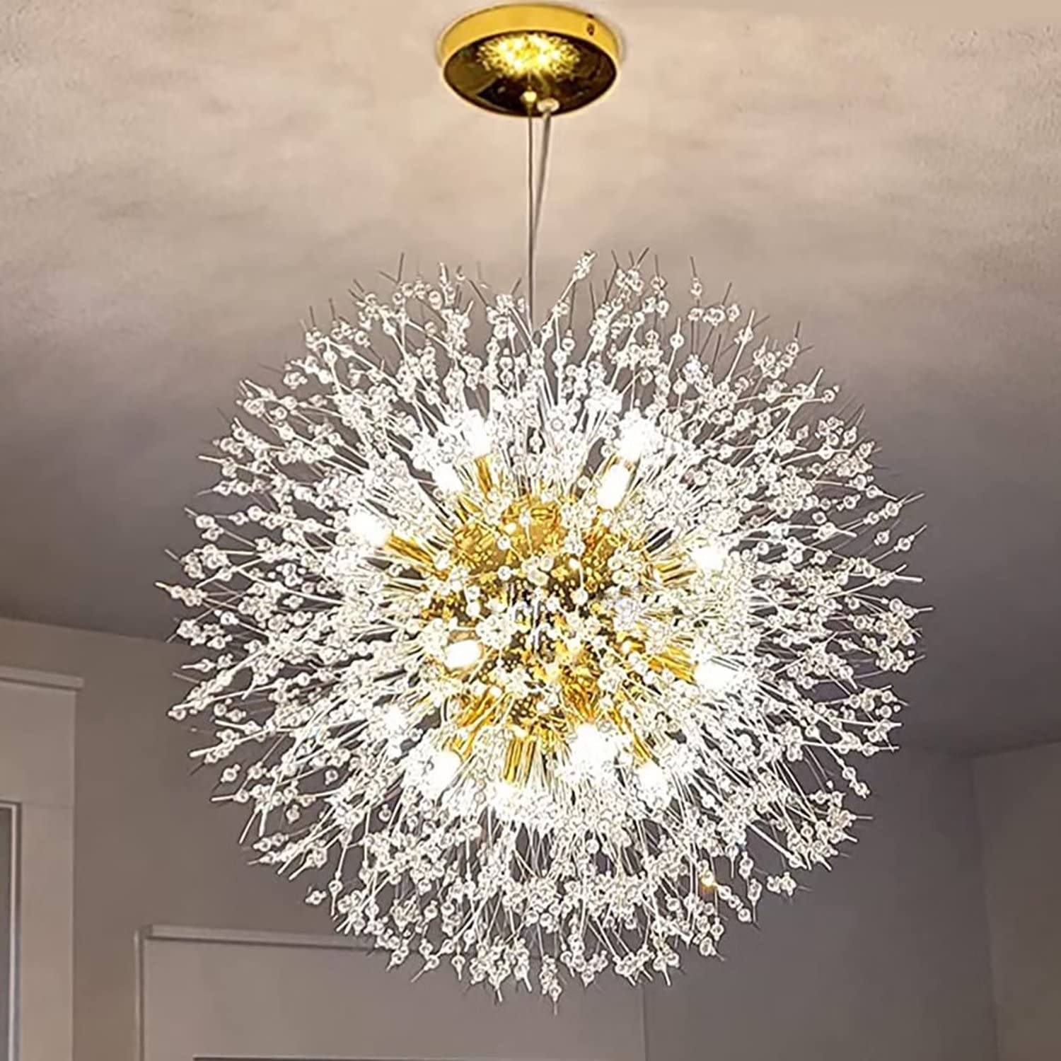 Crystal Chandelier with Fireworks, Modern Dandelion Chandelier (16 Lights, Gold)