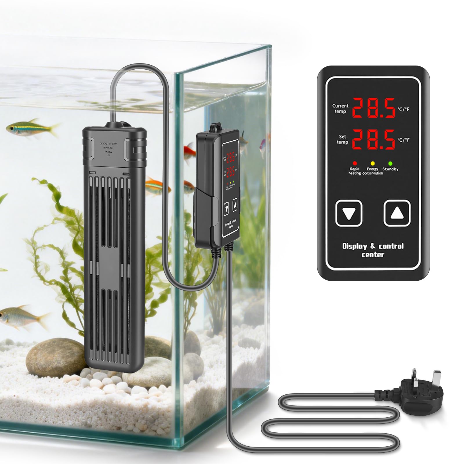 Neulriscn Aquarium Heater, 600W Fish Tank Heater, Submersible Fish Tank Heater with External Temperature Controller, LED Digital Dual Display, Overheat Protection & Auto-Off, for Fish Tanks up to 400L