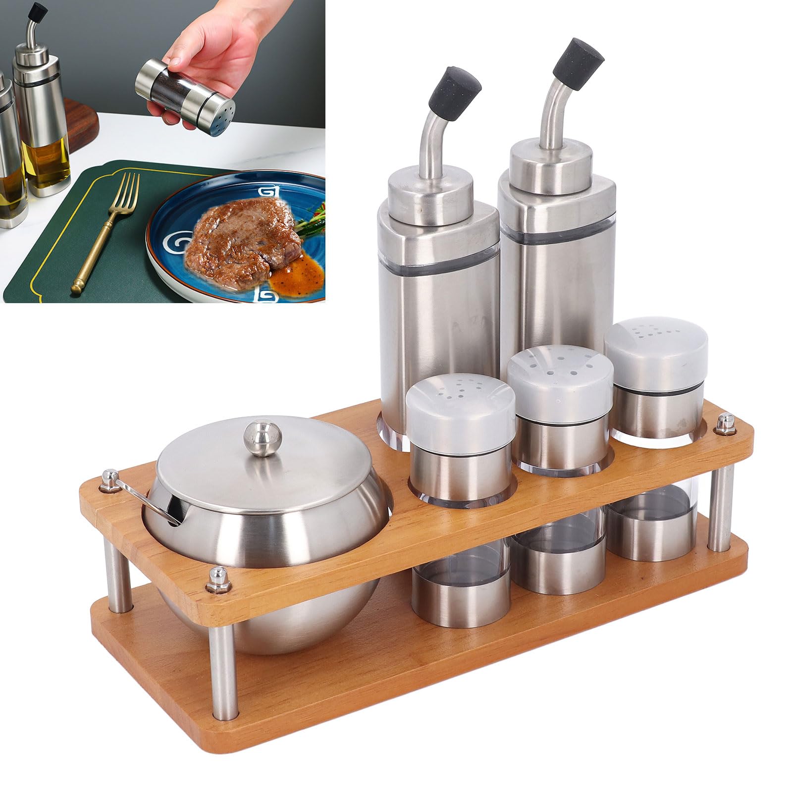 Küchen-Gewürzspender-Set mit Holzsockel, 5 Öl-Essig-Spenderflaschen aus Edelstahl und Gewürzglas mit Löffel, Salz-Zucker-Behälter, Tisch-Gewürz-Organizer