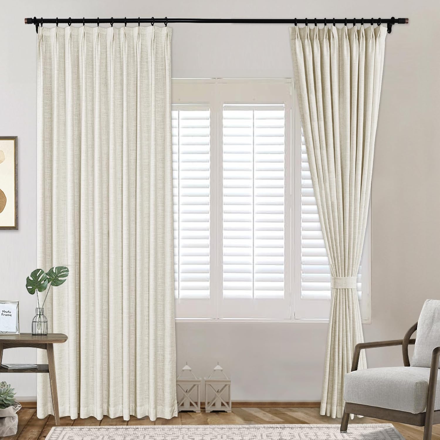 Frelement Full Blackout Curtains Faux Linen Curtains with Blackout Lining for Bedroom Pinch Pleat Curtains for Traverse Rod for Meetingroom Patio Door, 26" W x 84" L, 1 Panel, Beige White