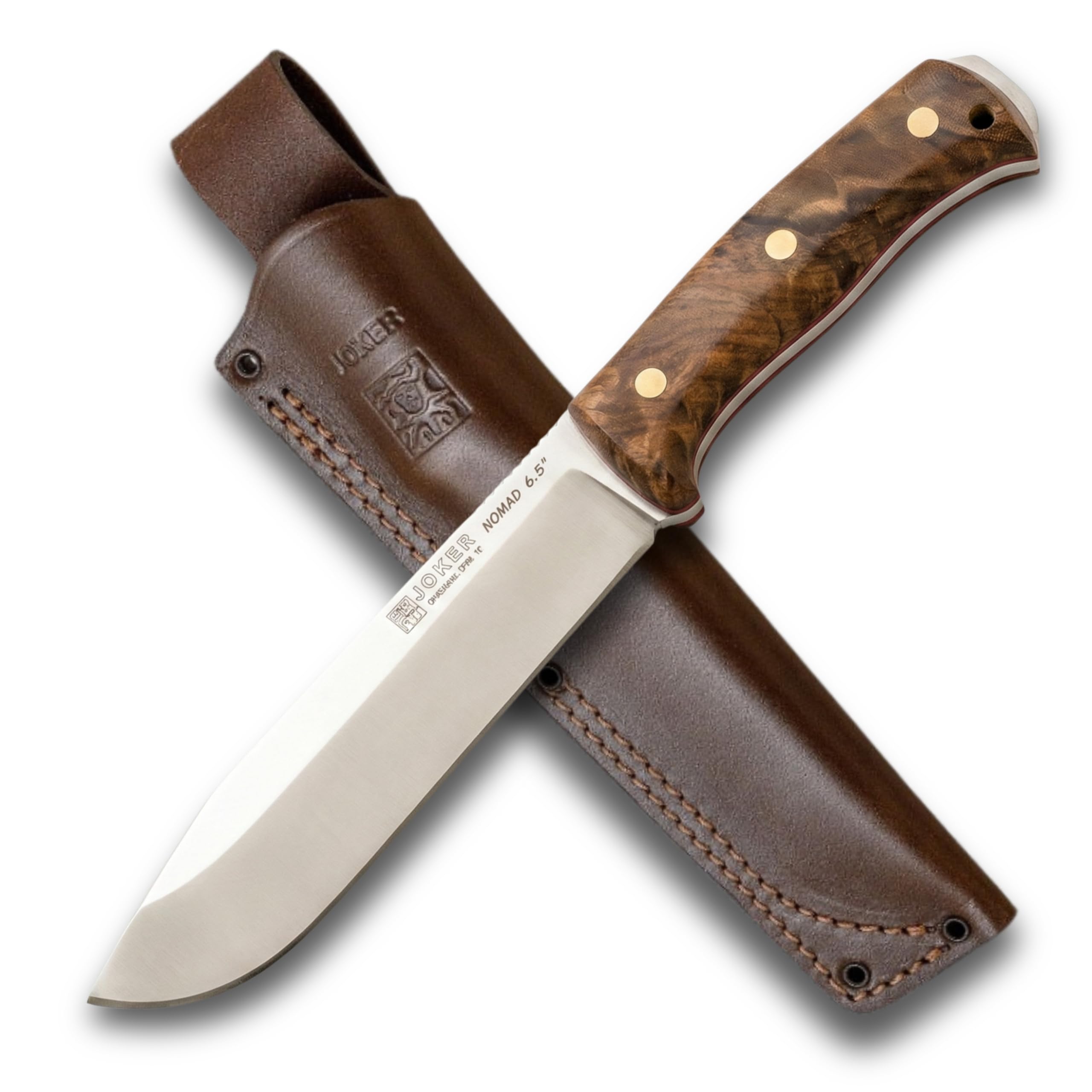 Joker Cuchillo de Supervivencia Nomad 6.5" " CN137, mango Madera de nogal, hoja de 16,​5 cms, funda piel mmaron, Herramienta de pesca, caza, camping y senderismo.