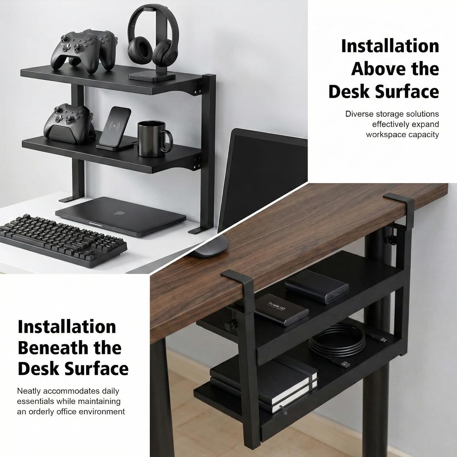 Estante de Escritorio con Abrazadera de 2 Niveles, Estante con Abrazadera para Colocar Encima O Debajo del Escritorio, para Accesorios de Mesa, 41 x 18 x 36 cm, Negro