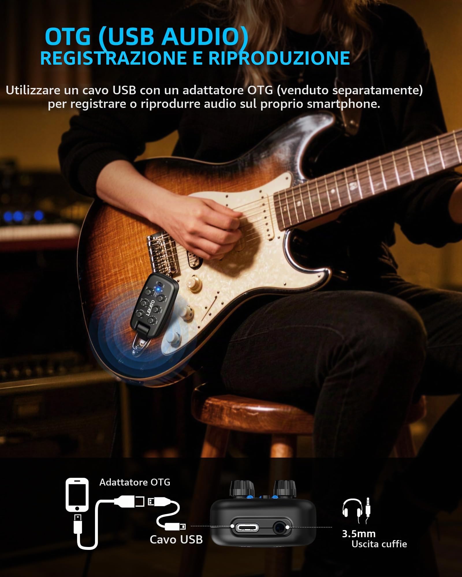 LEKATO Amplificatore per Cuffie da Chitarra, Amplificatore Portatile Plug-in per Pratica per Chitarra Elettrica e Basso, 9 Modelli di Amplificatore e 6 Effetti, Bluetooth 5.0, Spinotto Rotante a 180°