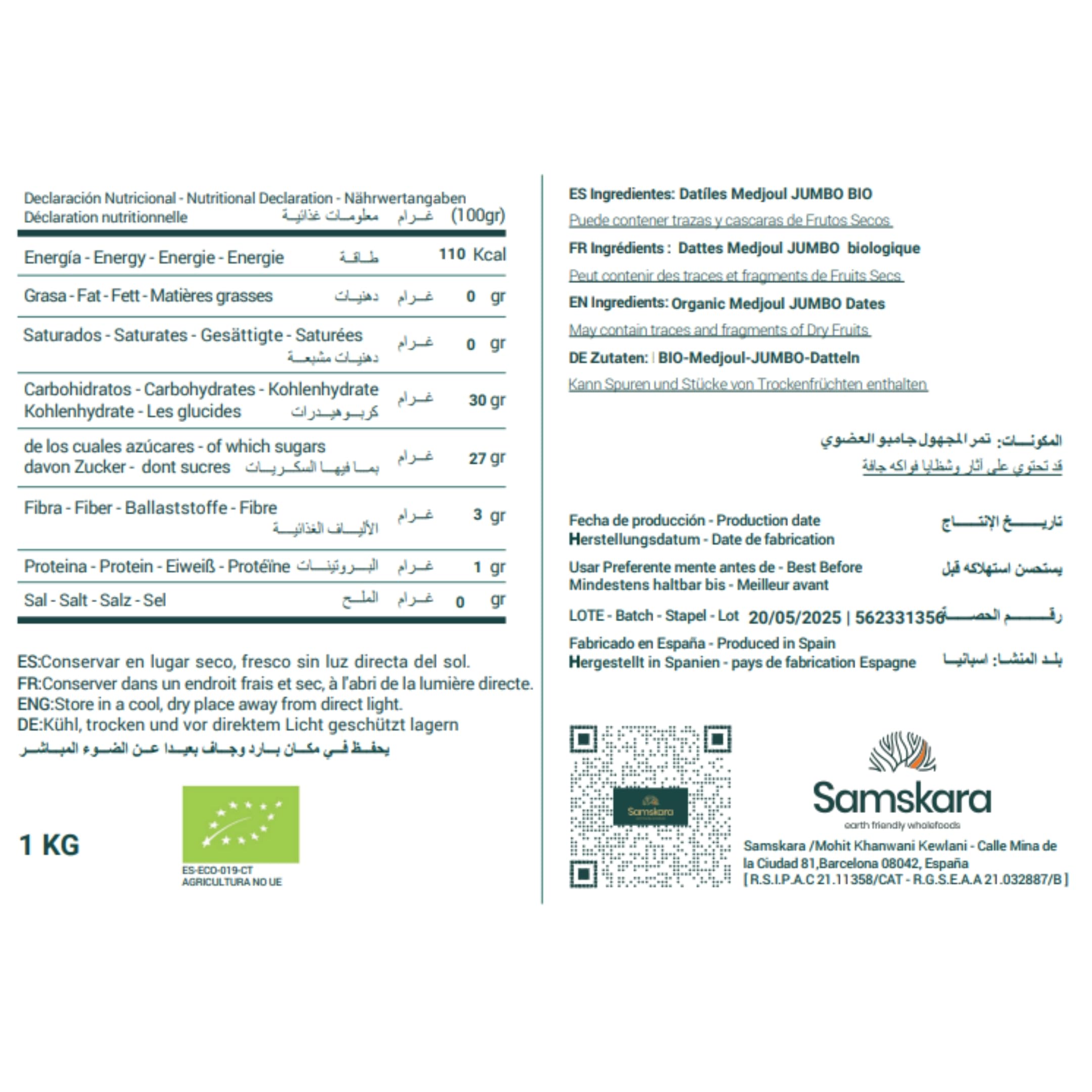 Dátiles Medjoul BIO Premium Jumbo | 2 kg | Naturales y Ecológicos | Organic Medjool Dates | Datiles con semilla | origen EE UU/Israel | Frescura Garantizada - Samskara