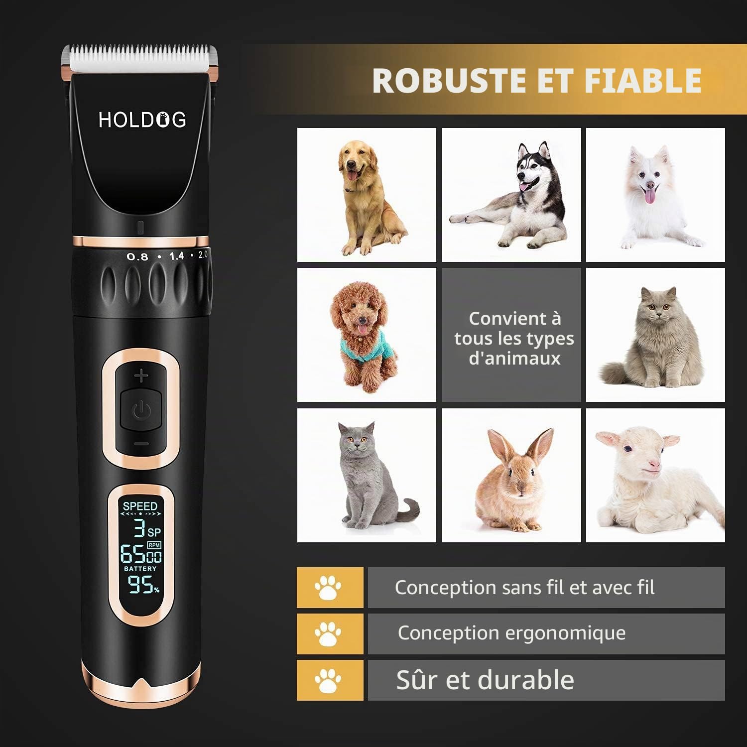 Tondeuses pour chiens grands et petits professionnelles robustes à 3 vitesses à faible bruit haute puissance sans fil outils de toilettage pour animaux de compagnie