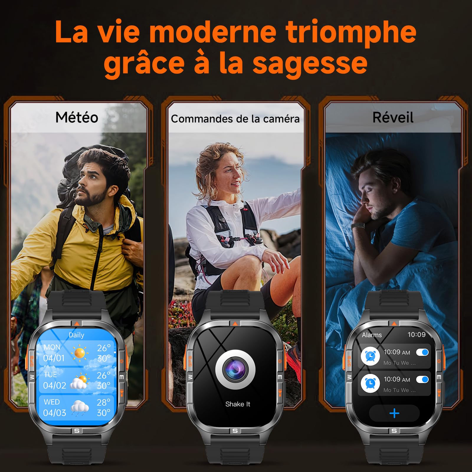 Montre intelligente GPS militaire pour hommes avec boussole/lampe de poche, montre intelligente à écran HD 2,01" avec assistant vocal/appel Bluetooth, pour Android et iOS, Montre Fitness de sport