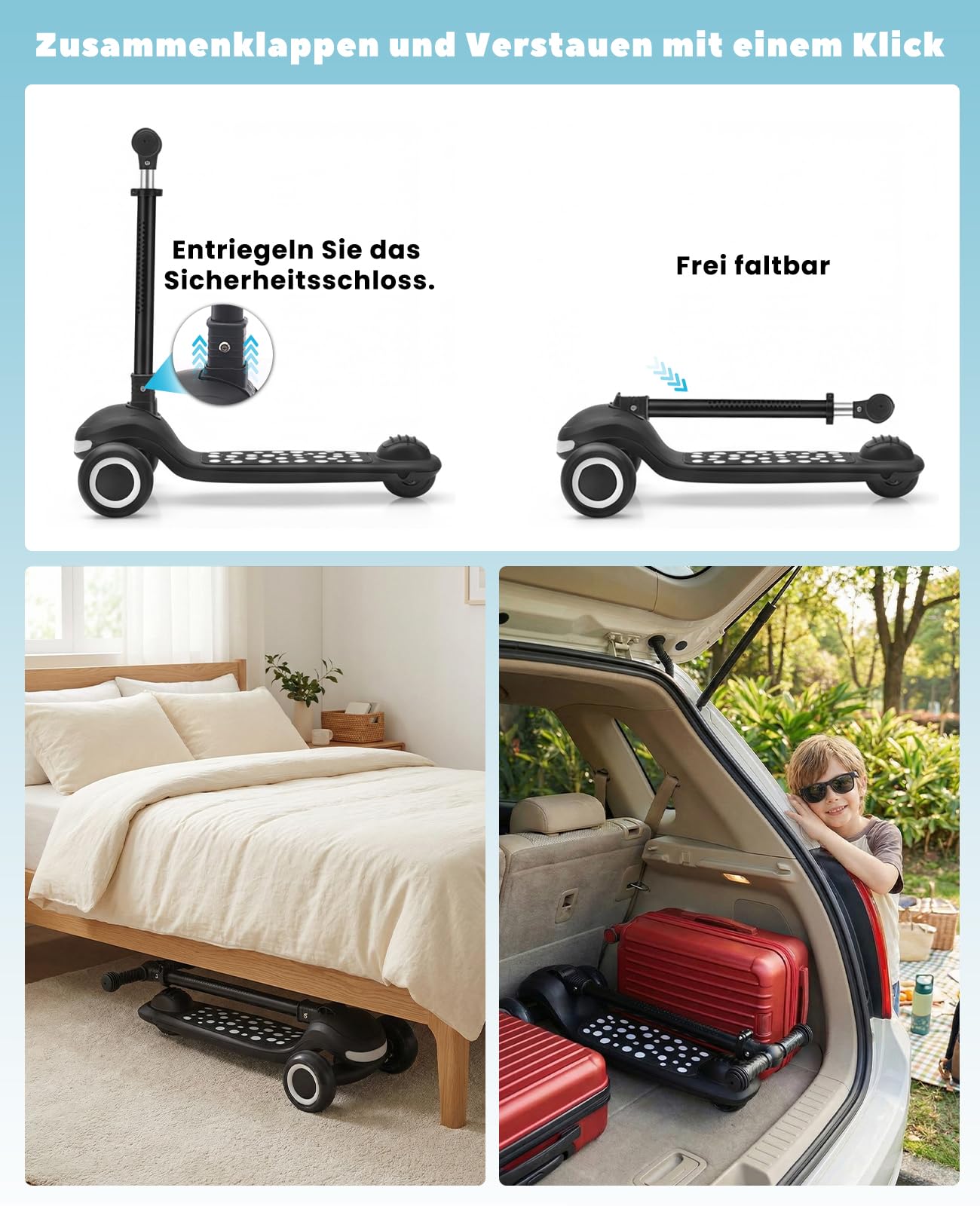 Kinderscooter (3–10 Jahre), Faltbarer Roller mit LED-Leuchträdern und -Trittbrett, 4-stufig höhenverstellbar, Rutschfestes Trittbrett