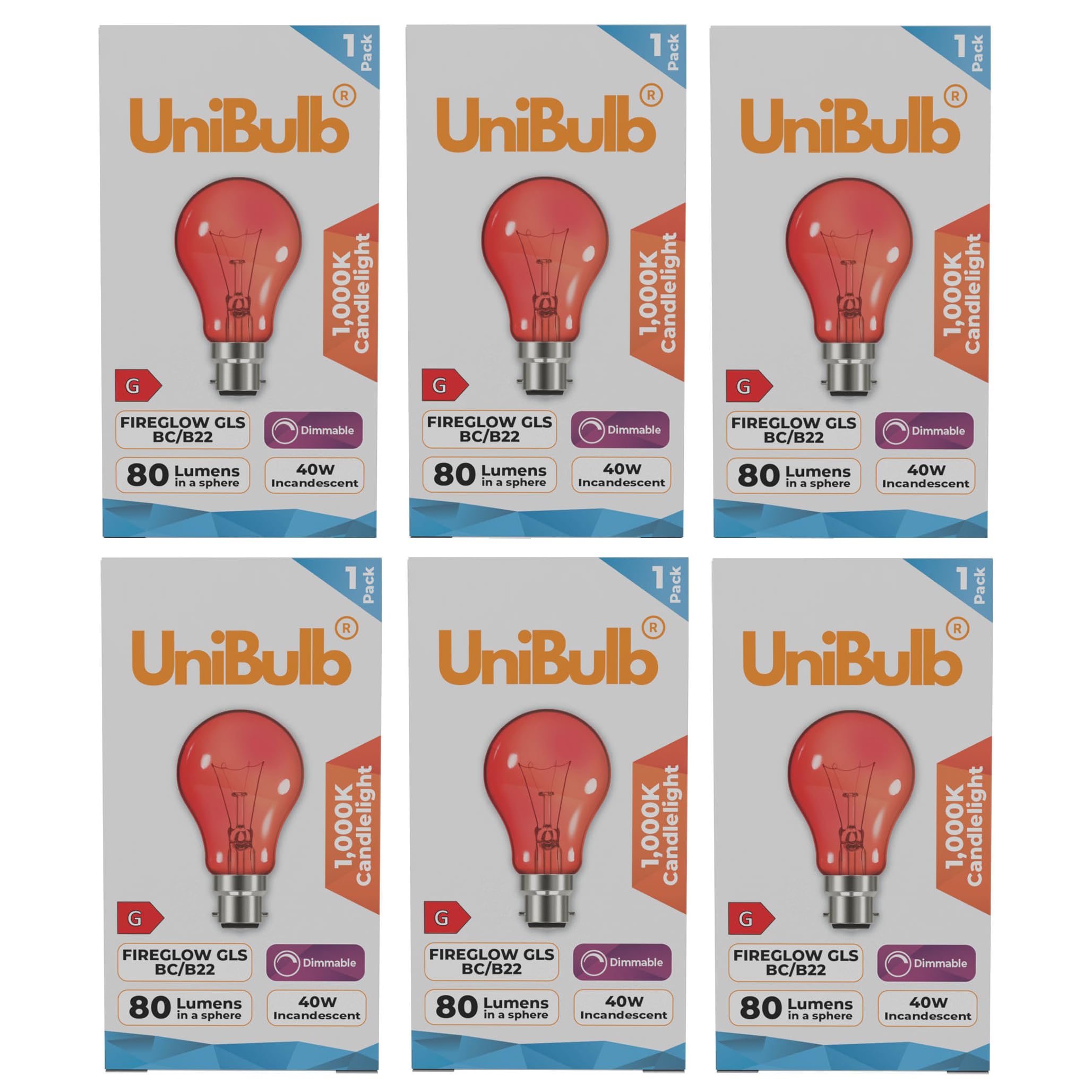 Unibulb Fireglow Red Light Bulbs, 40W, GLS BC B22 Bayonet, 1000K Candlelight, Dimmable (6) โ image 1