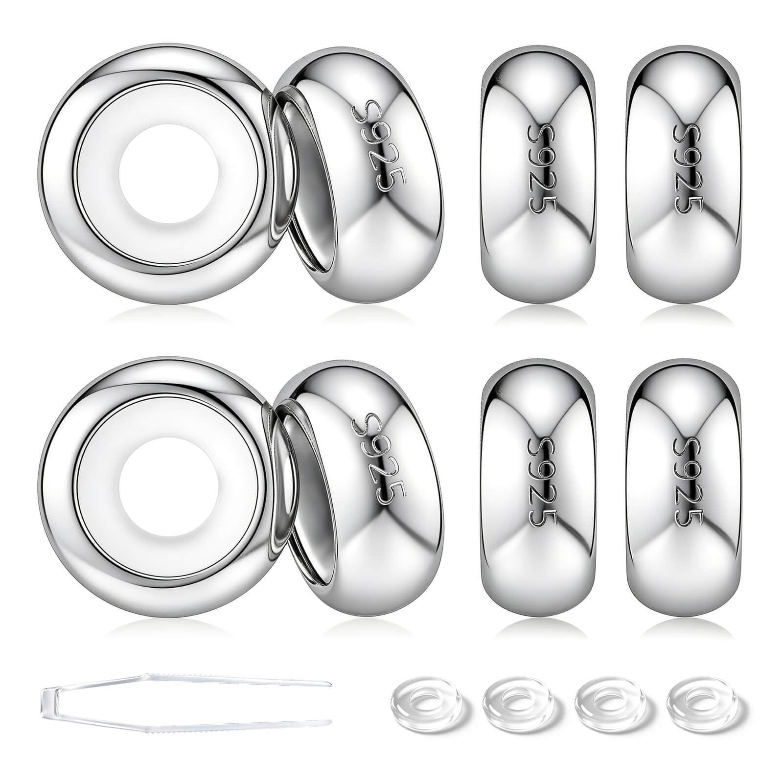 GW Charms Stopper de Breloques pour Bracelet avec Caoutchouc en Argent Sterling 925 Perles Compatible pour Européen Bracelets à Breloques (Argent, Lot de 8)